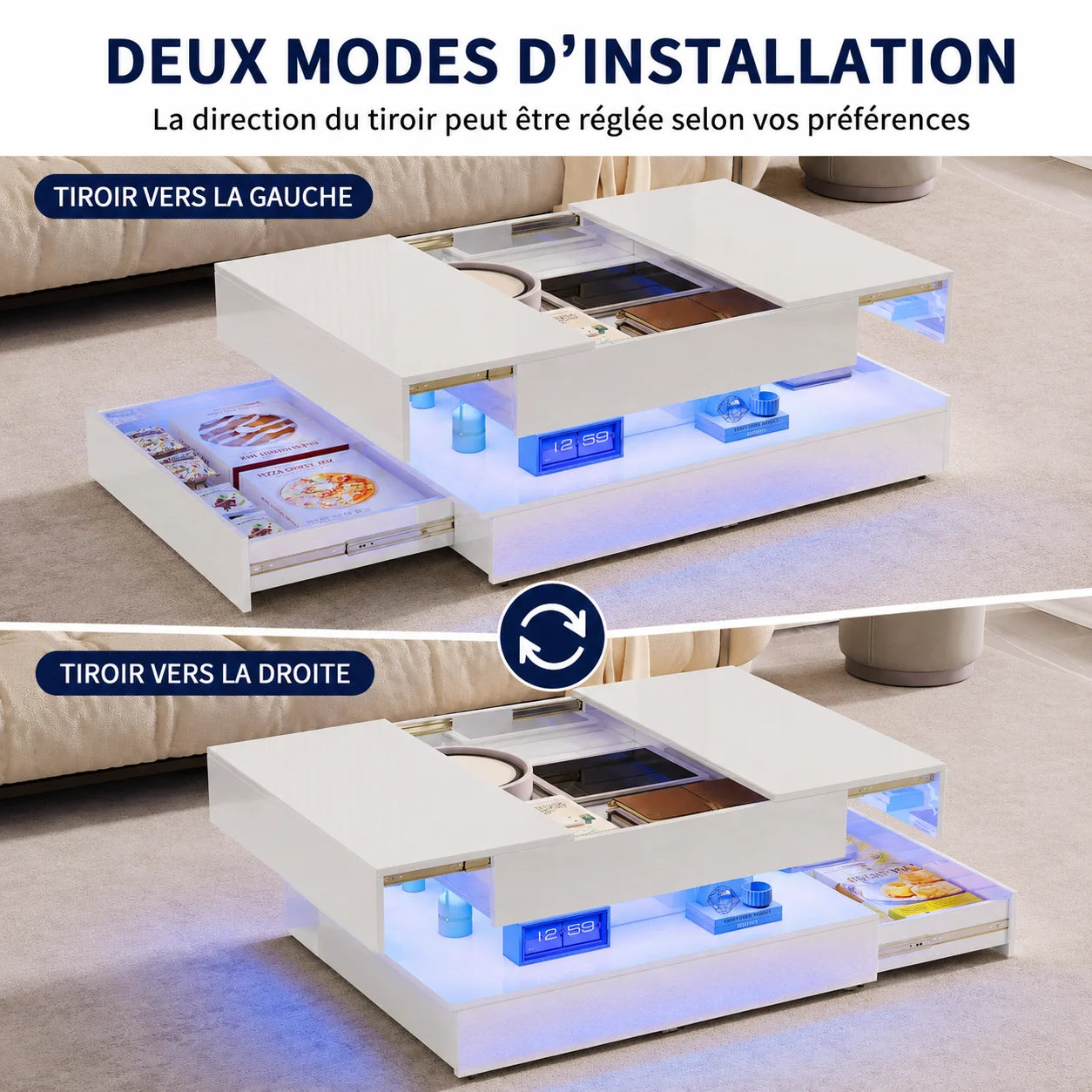 Table Basse Design Carrée LED RGB – Tiroirs Réversibles, Haute Luminosité & Finition UV | Nexus