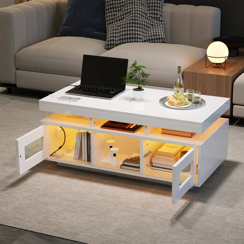 Table Basse Design LED – Prise & USB Intégrés, 5 Espaces de Rangement & Haute Brillance | Aura