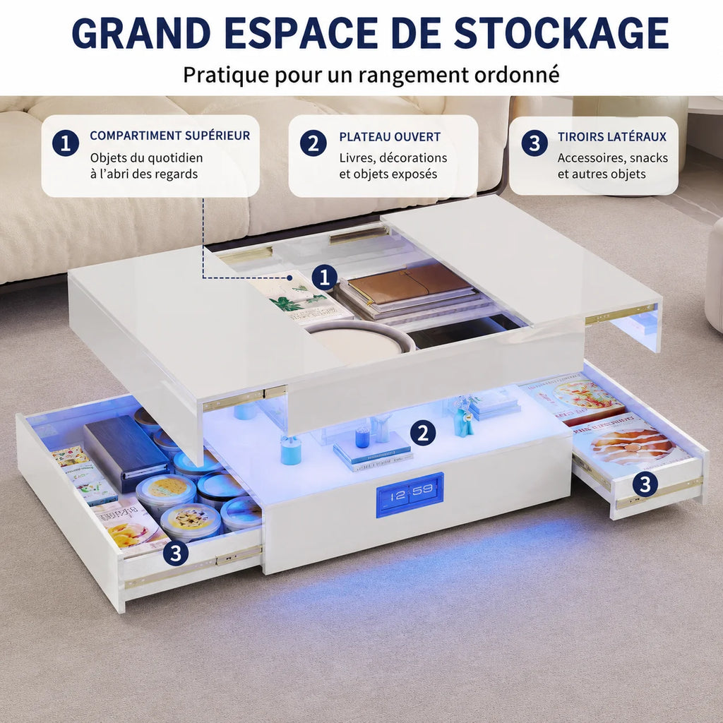 Table Basse Design Carrée LED RGB – Tiroirs Réversibles, Haute Luminosité & Finition UV | Nexus