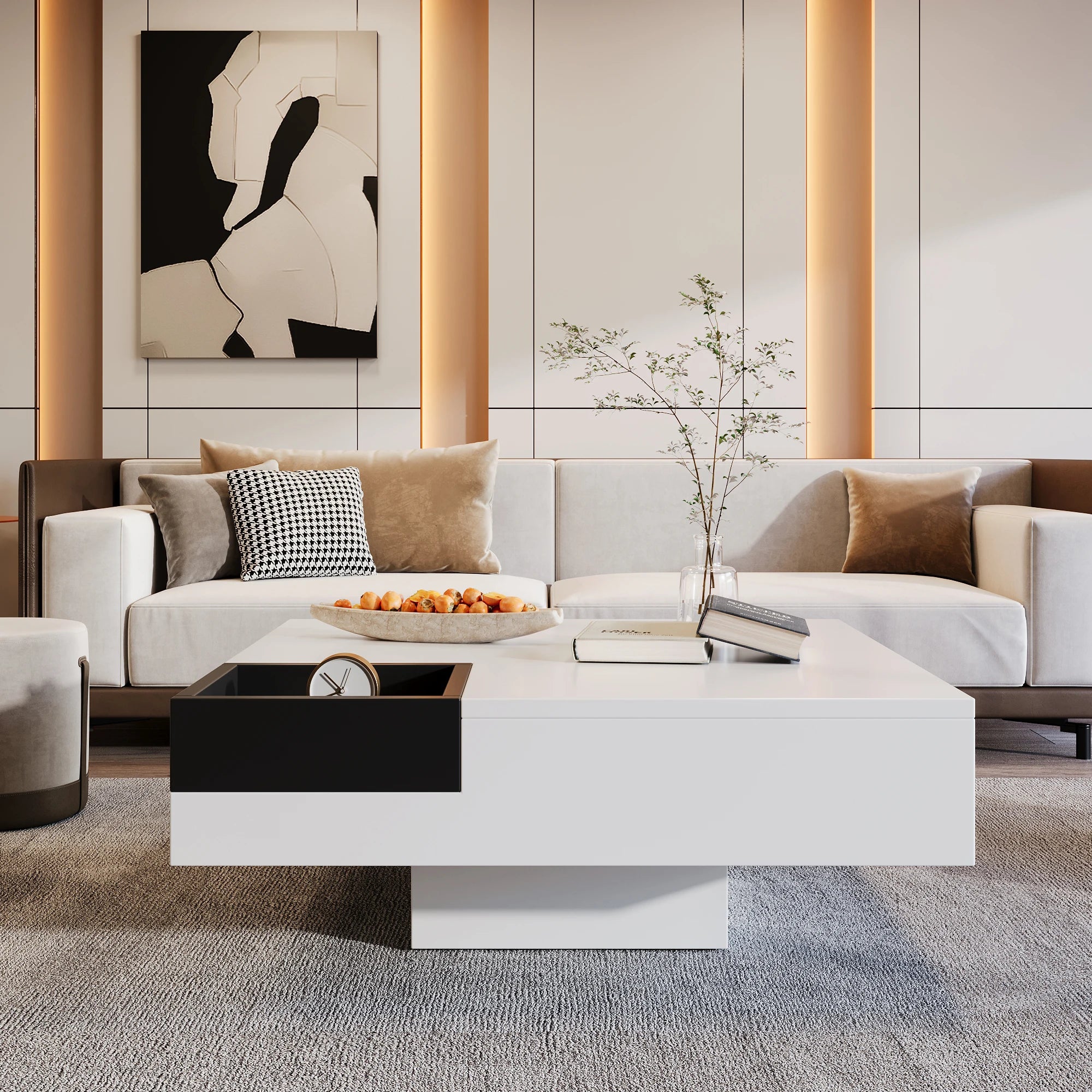 Table Basse Design LED Carrée – Rangement Dissimulé, LED RGB & Finition Haute Brillance | Vogue