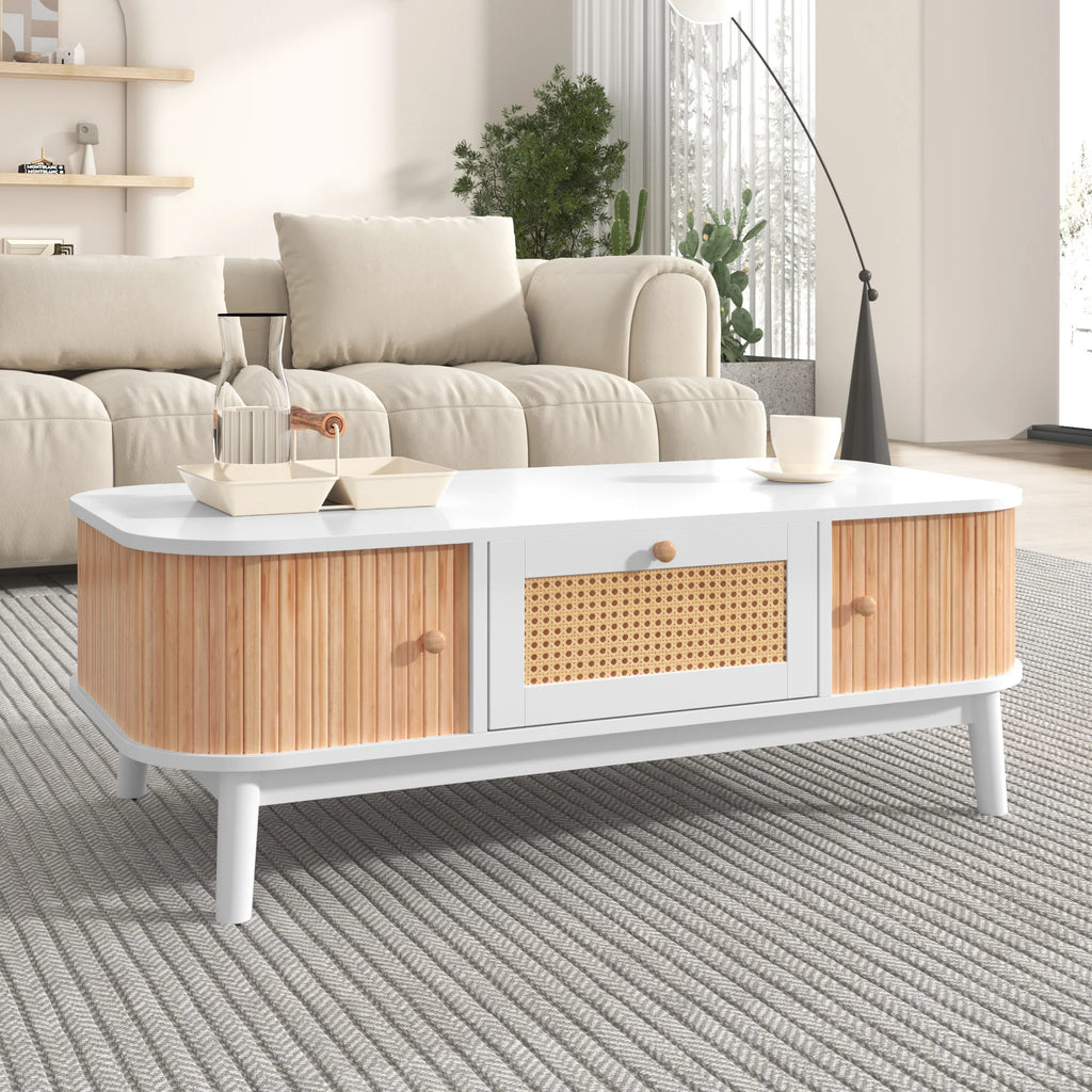 Table Basse Design Rotin – Tiroirs Tressés, Portes Coulissantes & Bois Massif | Rotin