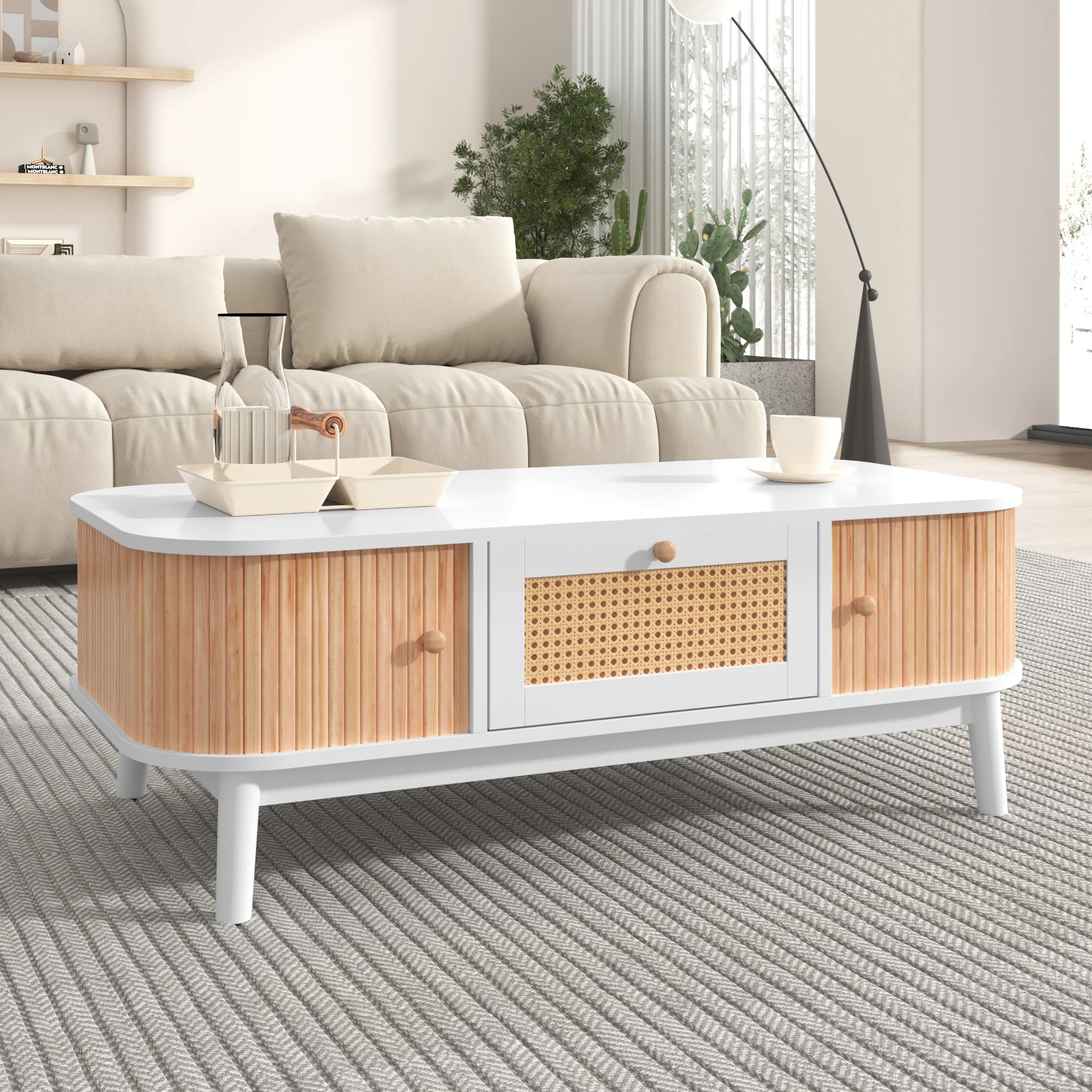 Table Basse Design Rotin – Tiroirs Tressés, Portes Coulissantes & Bois Massif | Rotin