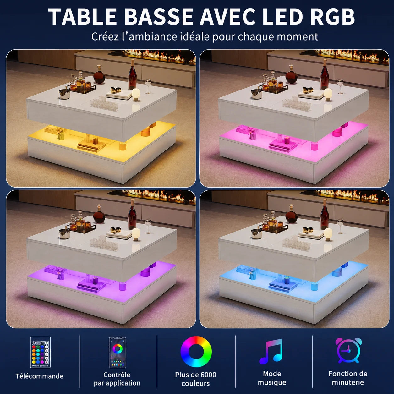 Table Basse Design Carrée LED RGB – Tiroirs Réversibles, Haute Luminosité & Finition UV | Nexus