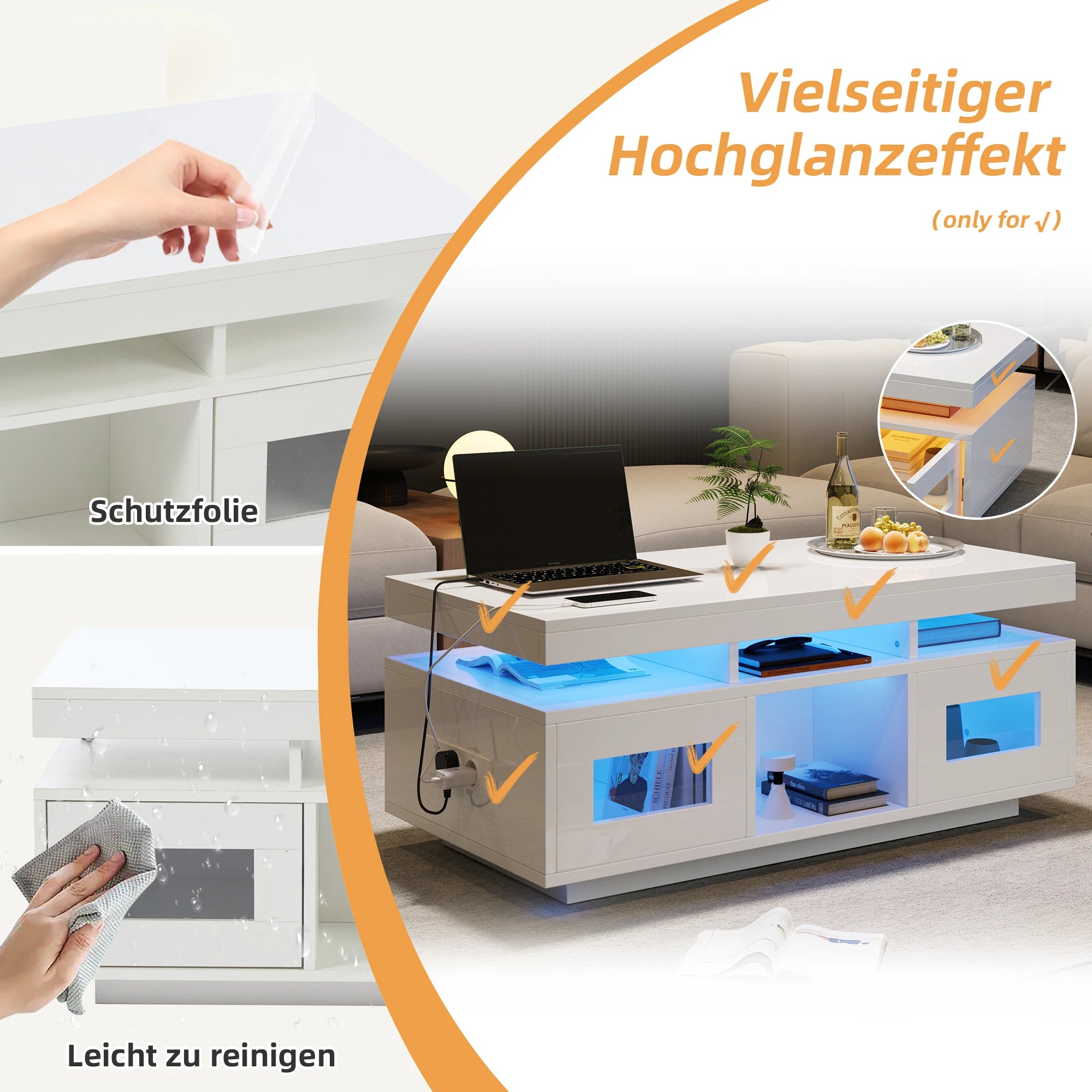 Table Basse Design LED – Prise & USB Intégrés, 5 Espaces de Rangement & Haute Brillance | Aura