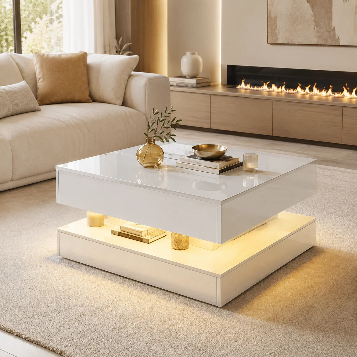 Table Basse Design Carrée LED RGB – Tiroirs Réversibles, Haute Luminosité & Finition UV | Nexus