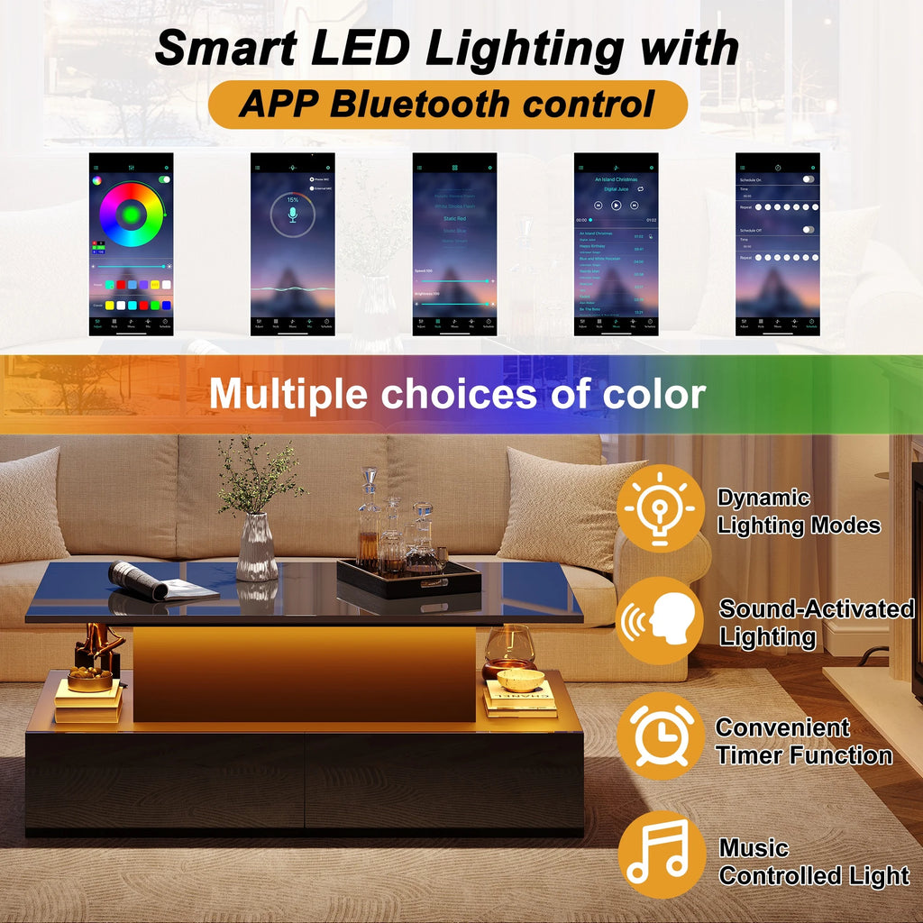 Table Basse Design Noire LED – 4 Tiroirs, Finition Haute Brillance & Éclairage Intégré | Obsidian