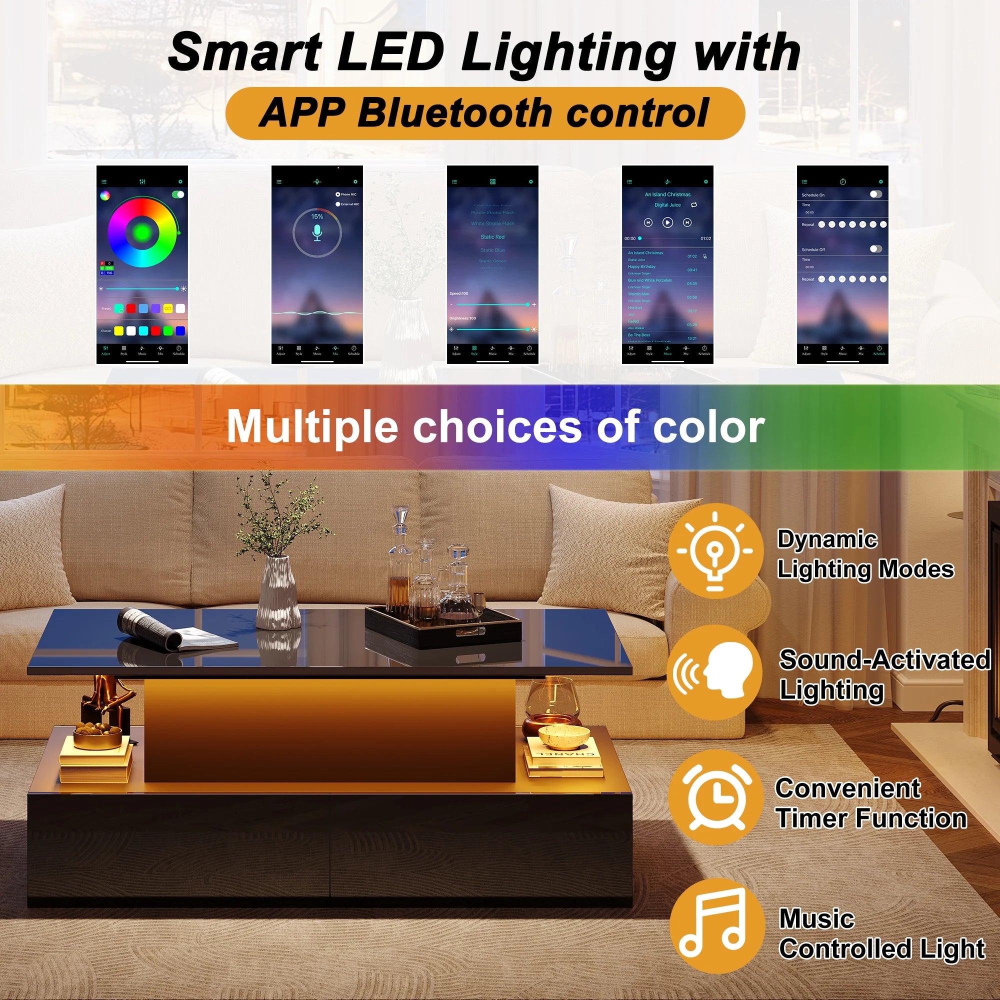 Table Basse Design Noire LED – 4 Tiroirs, Finition Haute Brillance & Éclairage Intégré | Obsidian