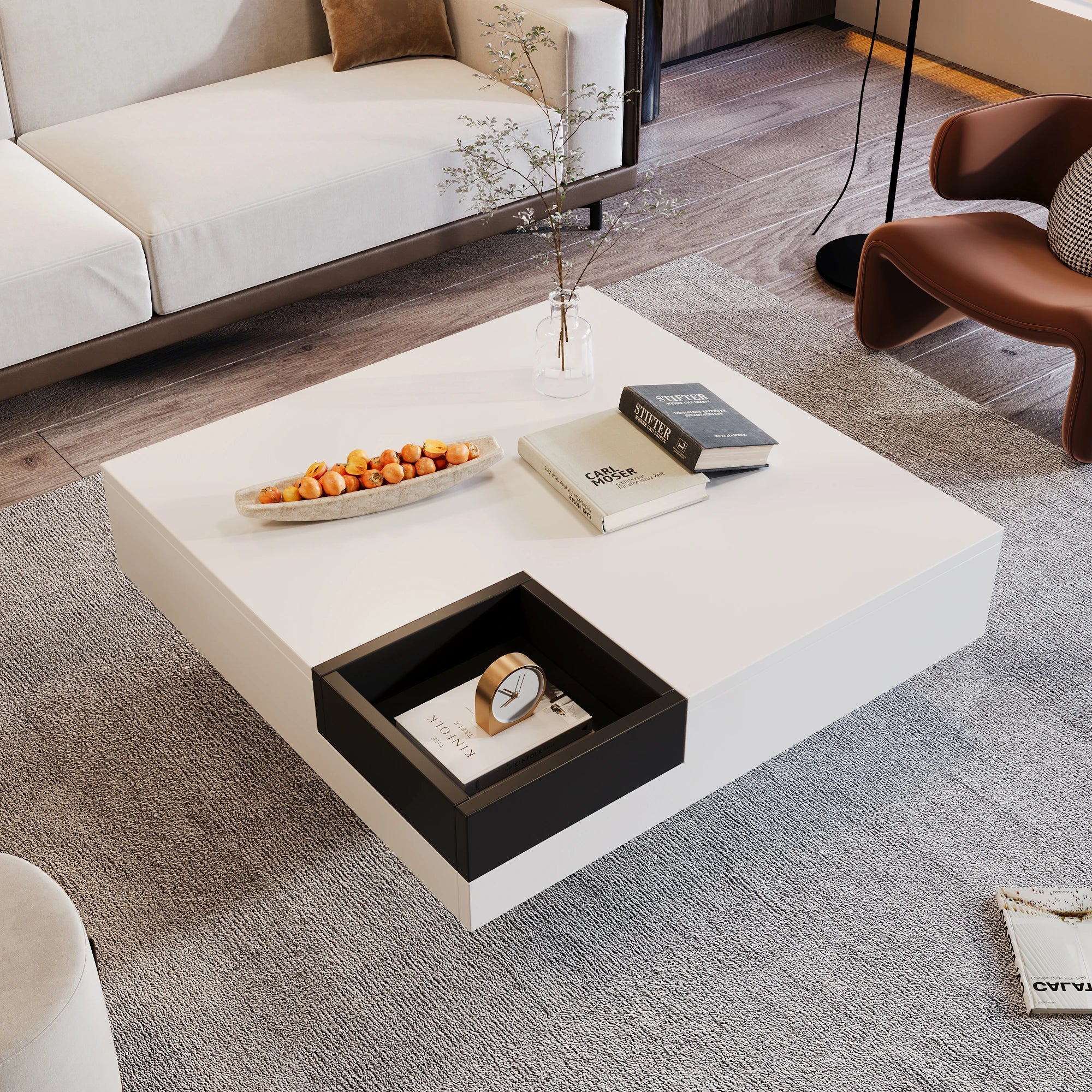 Table Basse Design LED Carrée – Rangement Dissimulé, LED RGB & Finition Haute Brillance | Vogue