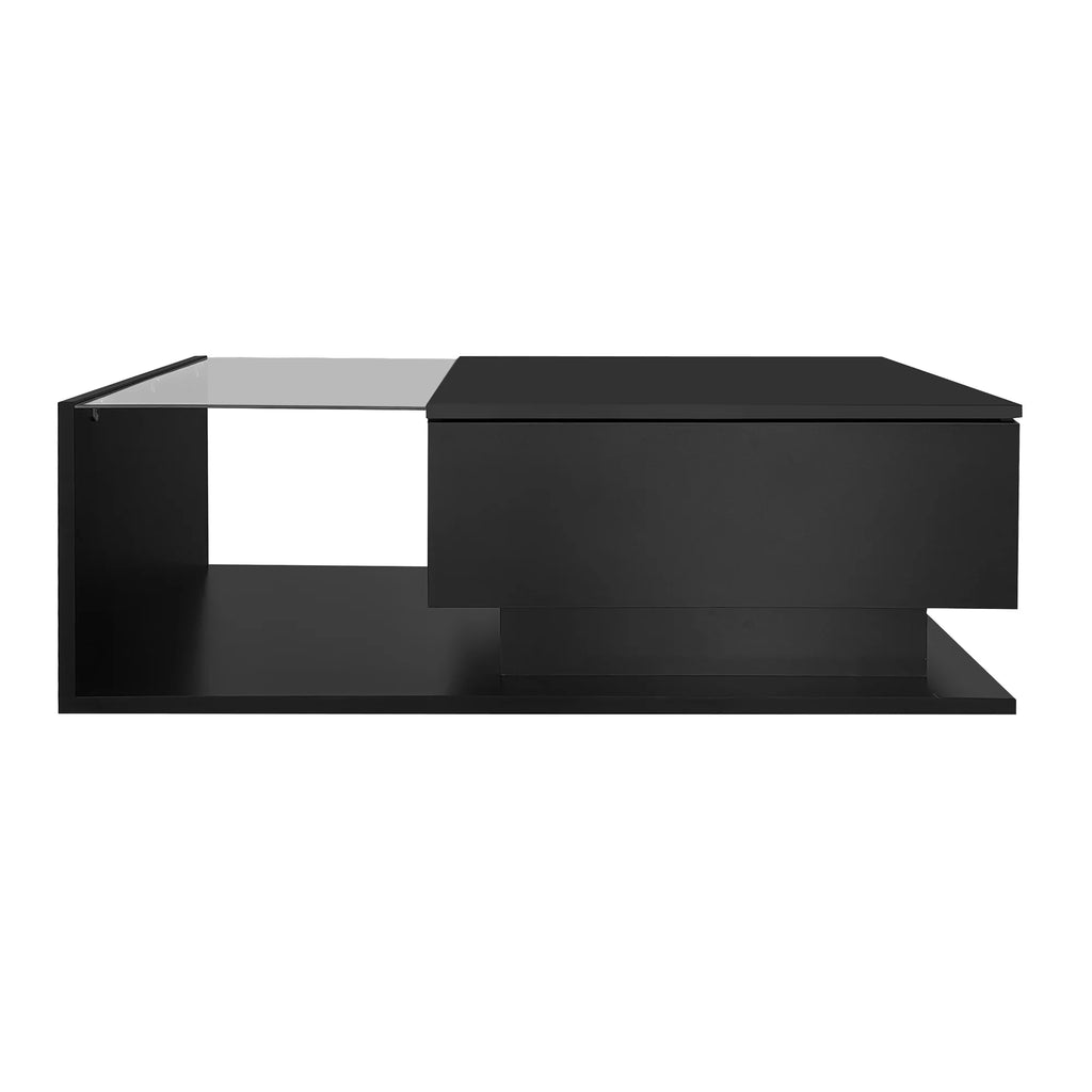 Table Basse Design Noire – Plateau Verre Trempé, LED & Tiroir Discret | Cristal