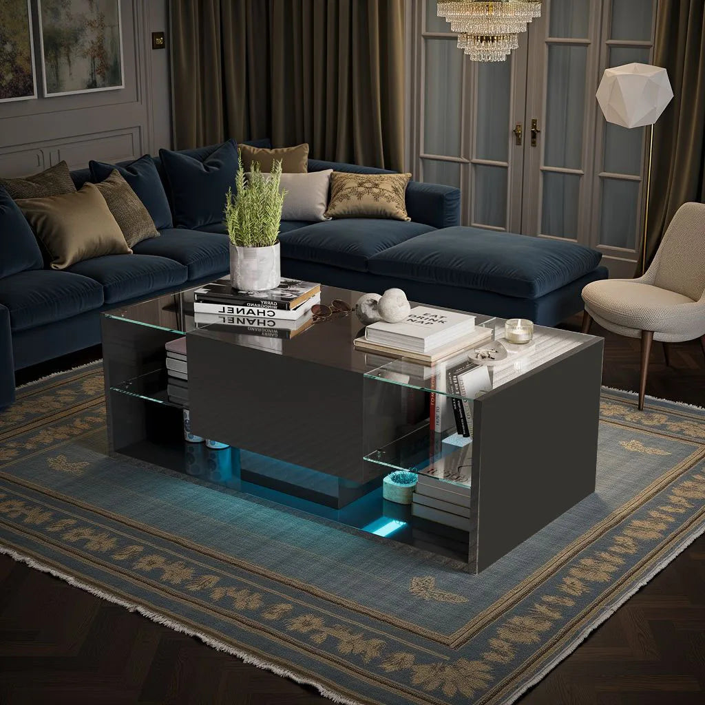 Table Basse Design LED RGB – 4 Étagères Verre, Tiroir Caché & 6000 Couleurs | Spectra