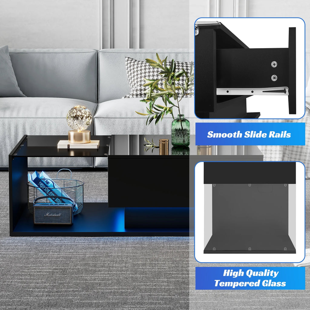 Table Basse Design Noire – Plateau Verre Trempé, LED & Tiroir Discret | Cristal