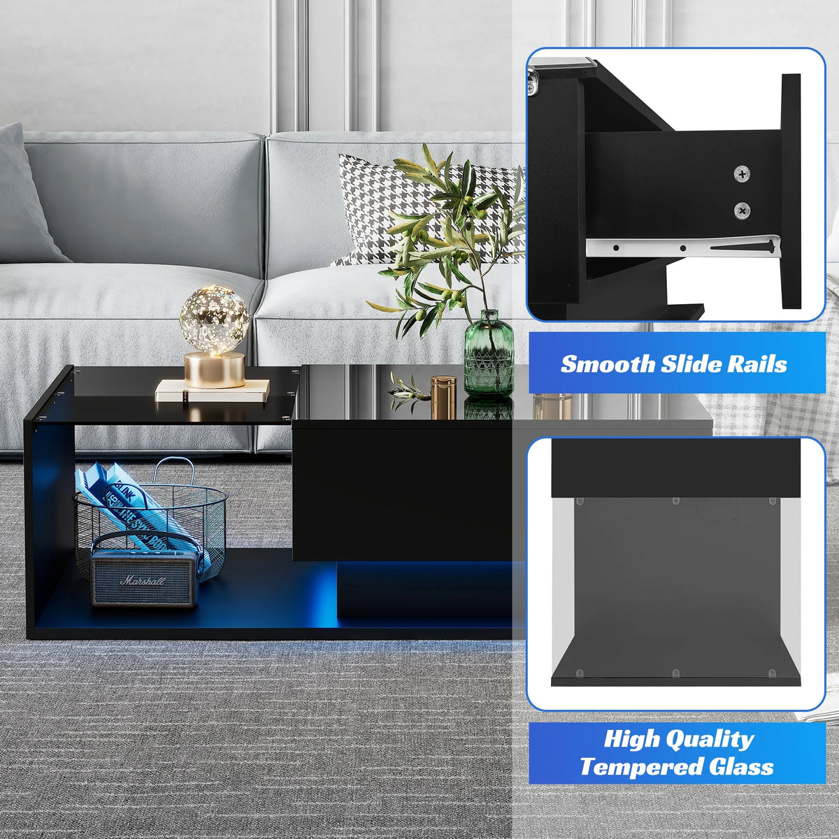 Table Basse Design Noire – Plateau Verre Trempé, LED & Tiroir Discret | Cristal