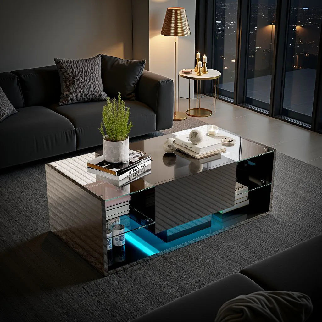 Table Basse Design LED RGB – 4 Étagères Verre, Tiroir Caché & 6000 Couleurs | Spectra