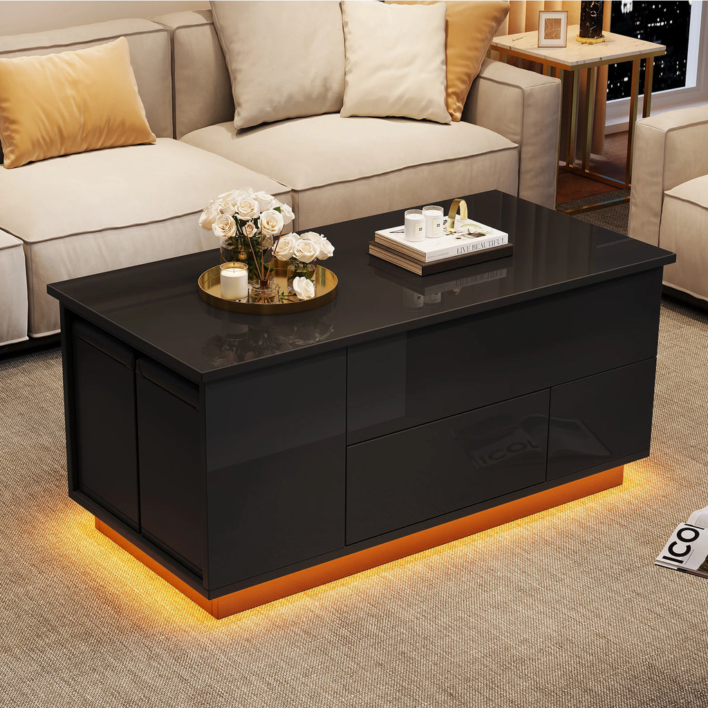 Table Basse Design 4-en-1 – Plateau Élévatoire, LED RGB, 2 Tiroirs & 2 Tabourets | Onyx