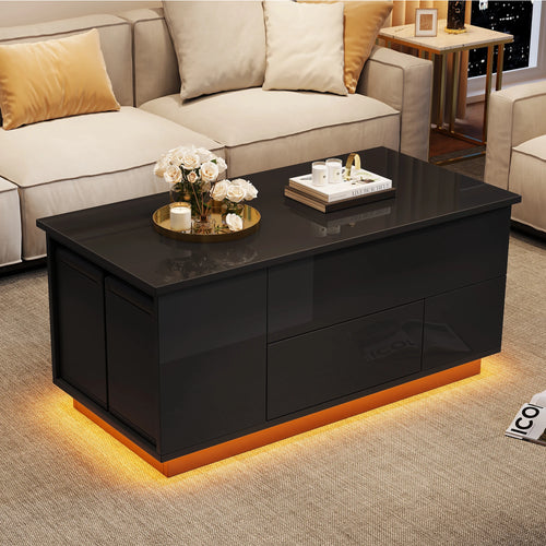 Table Basse Design 4-en-1 – Plateau Élévatoire, LED RGB, 2 Tiroirs & 2 Tabourets | Onyx