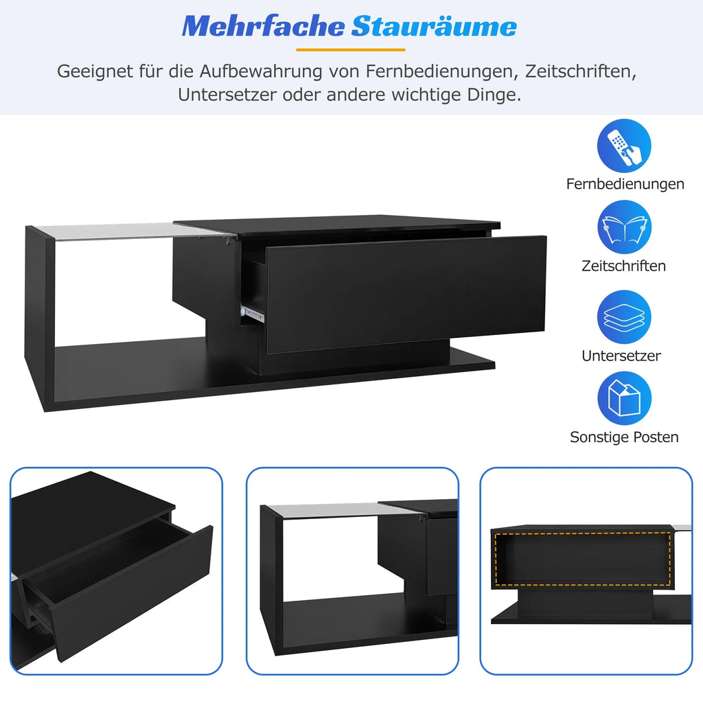Table Basse Design Noire – Plateau Verre Trempé, LED & Tiroir Discret | Cristal