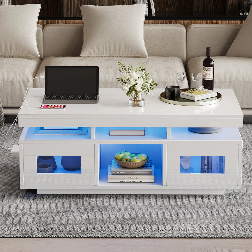 Table Basse Design LED – Prise & USB Intégrés, 5 Espaces de Rangement & Haute Brillance | Aura