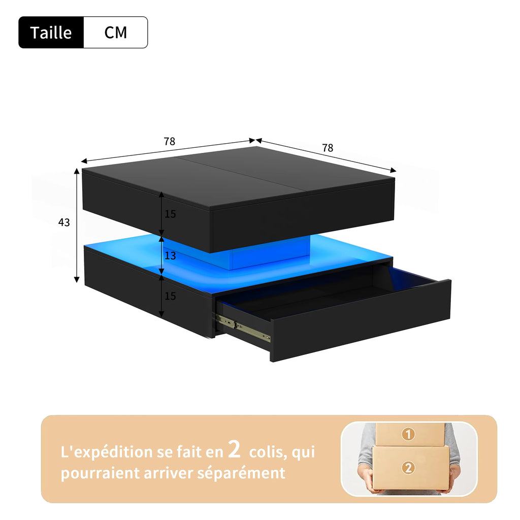 Table Basse Design Carrée LED RGB – Tiroirs Réversibles, Haute Luminosité & Finition UV | Nexus