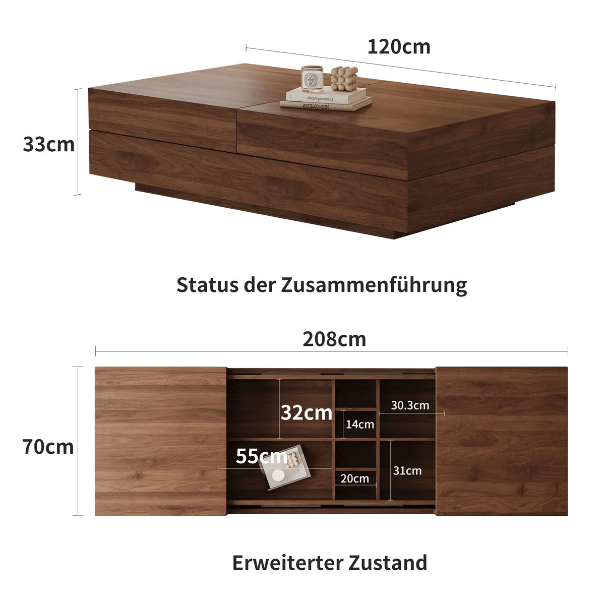 Table Basse Design Extensible – Aspect Noyer 120 à 208 cm & Rangement Dissimulé | Extenso