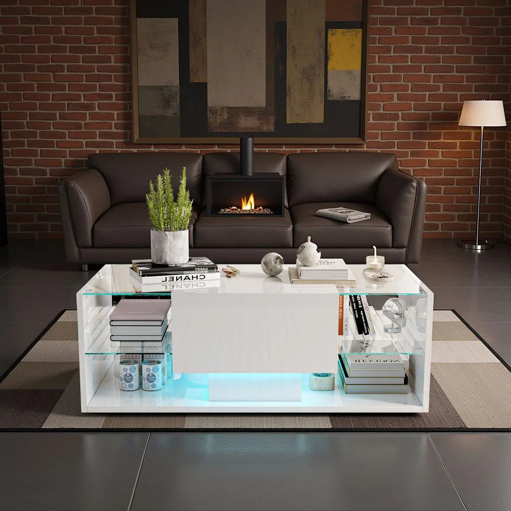 Table Basse Design LED RGB – 4 Étagères Verre, Tiroir Caché & 6000 Couleurs | Spectra