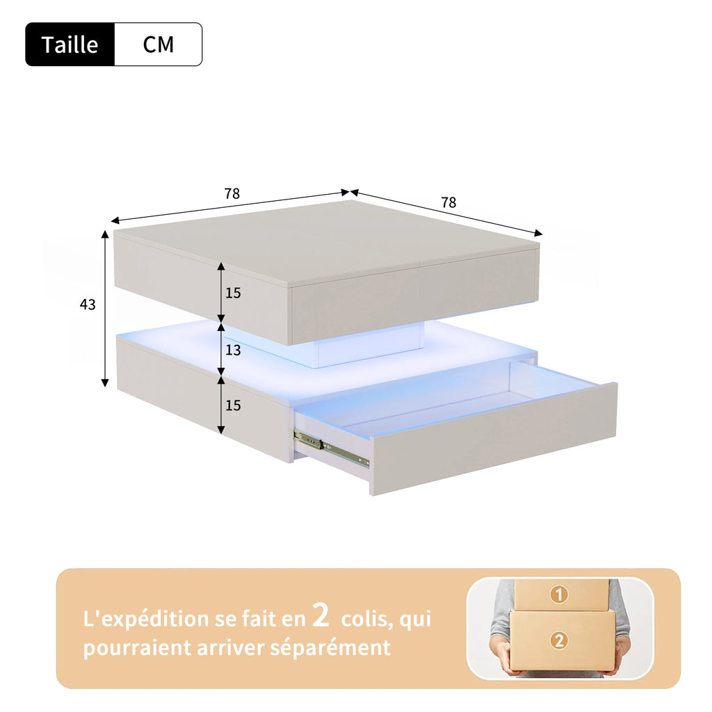 Table Basse Design Carrée LED RGB – Tiroirs Réversibles, Haute Luminosité & Finition UV | Nexus