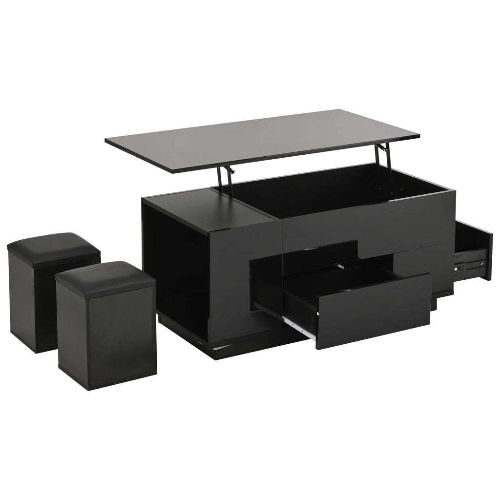 Table Basse Design 4-en-1 – Plateau Élévatoire, LED RGB, 2 Tiroirs & 2 Tabourets | Onyx