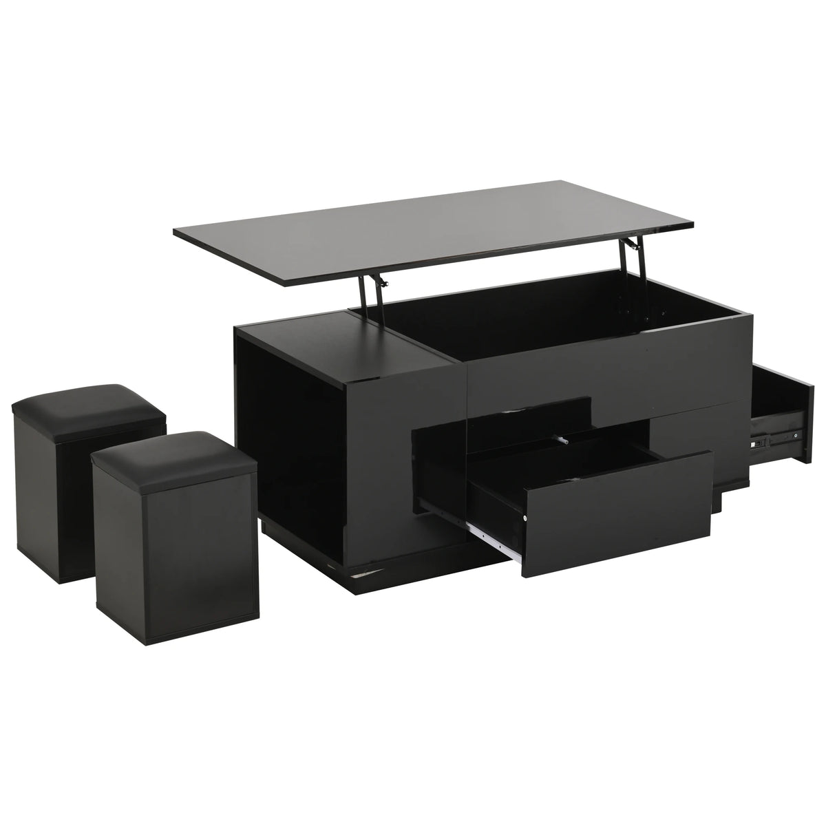 Table Basse Design 4-en-1 – Plateau Élévatoire, LED RGB, 2 Tiroirs & 2 Tabourets | Onyx