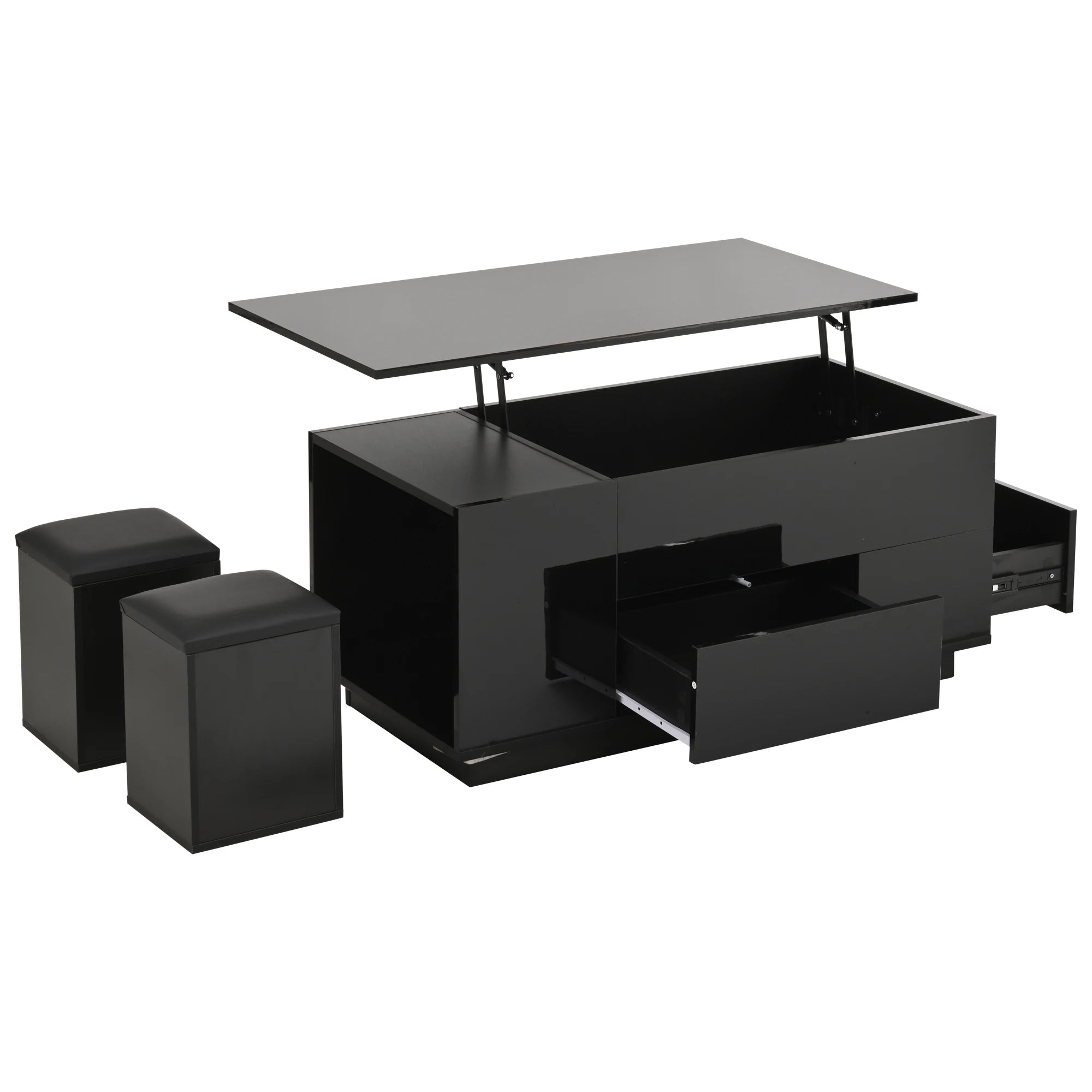 Table Basse Design 4-en-1 – Plateau Élévatoire, LED RGB, 2 Tiroirs & 2 Tabourets | Onyx