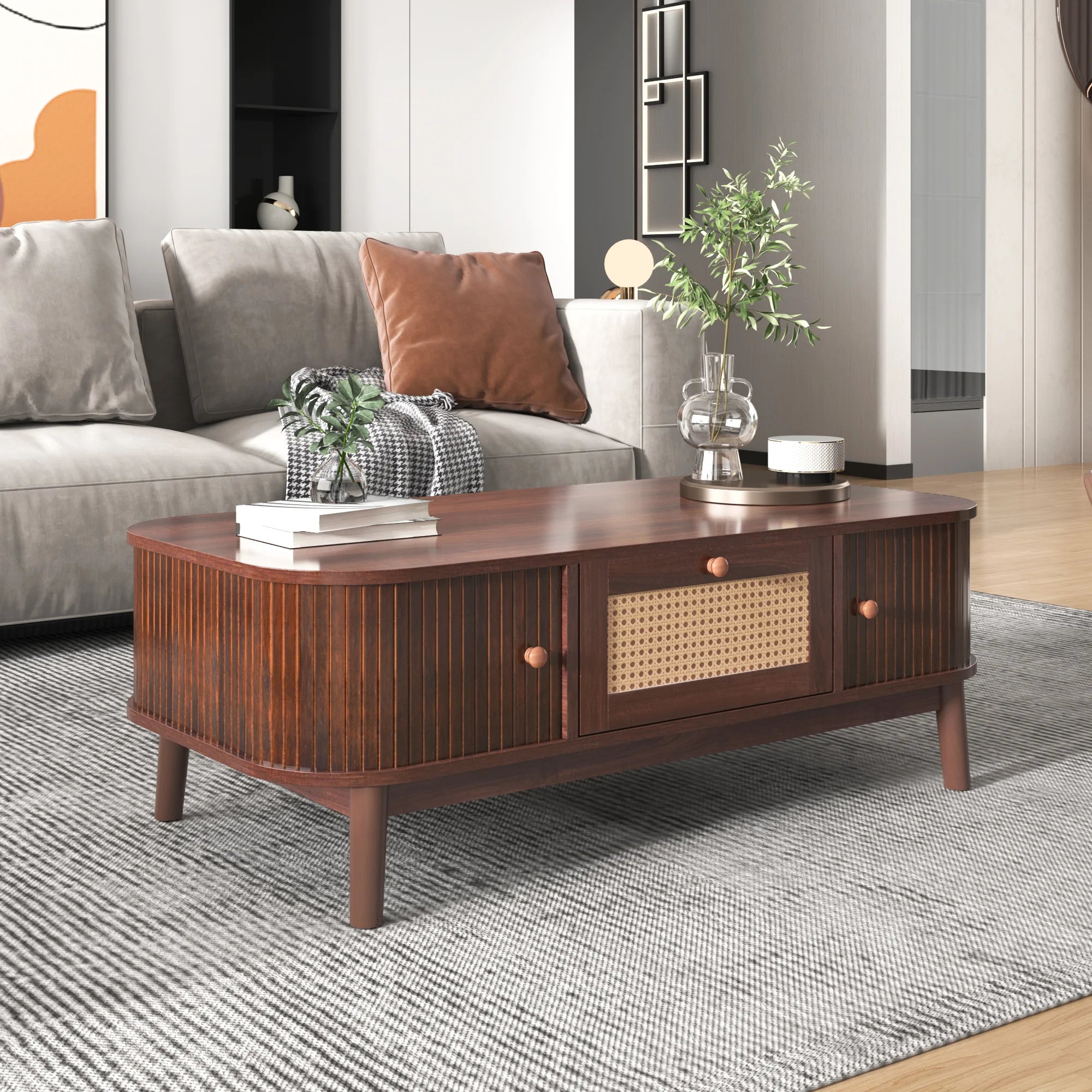 Table Basse Design Rotin – Tiroirs Tressés, Portes Coulissantes & Bois Massif | Rotin