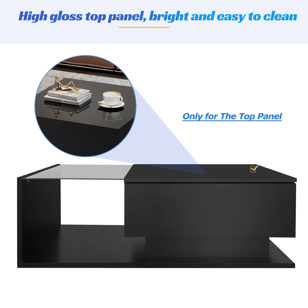 Table Basse Design Noire – Plateau Verre Trempé, LED & Tiroir Discret | Cristal