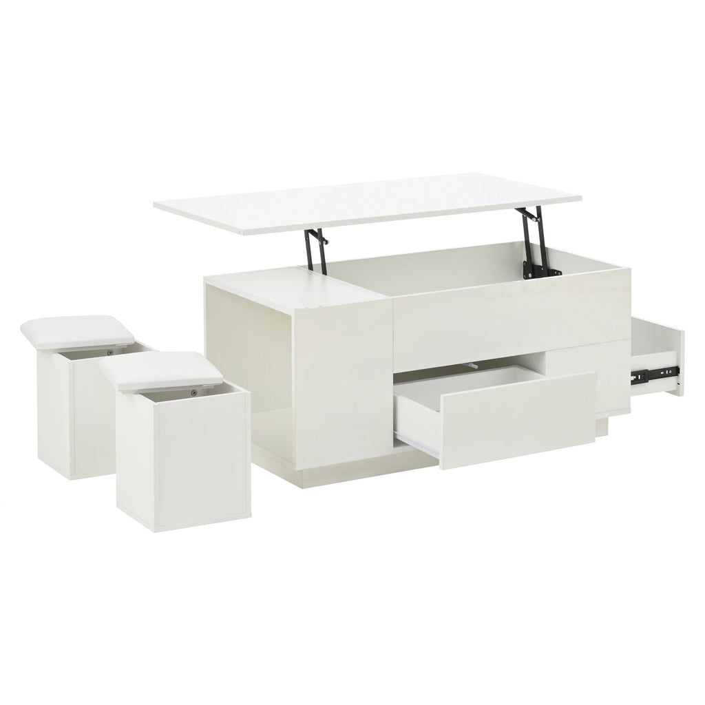 Table Basse Design 4-en-1 – Plateau Élévatoire, LED RGB, 2 Tiroirs & 2 Tabourets | Onyx