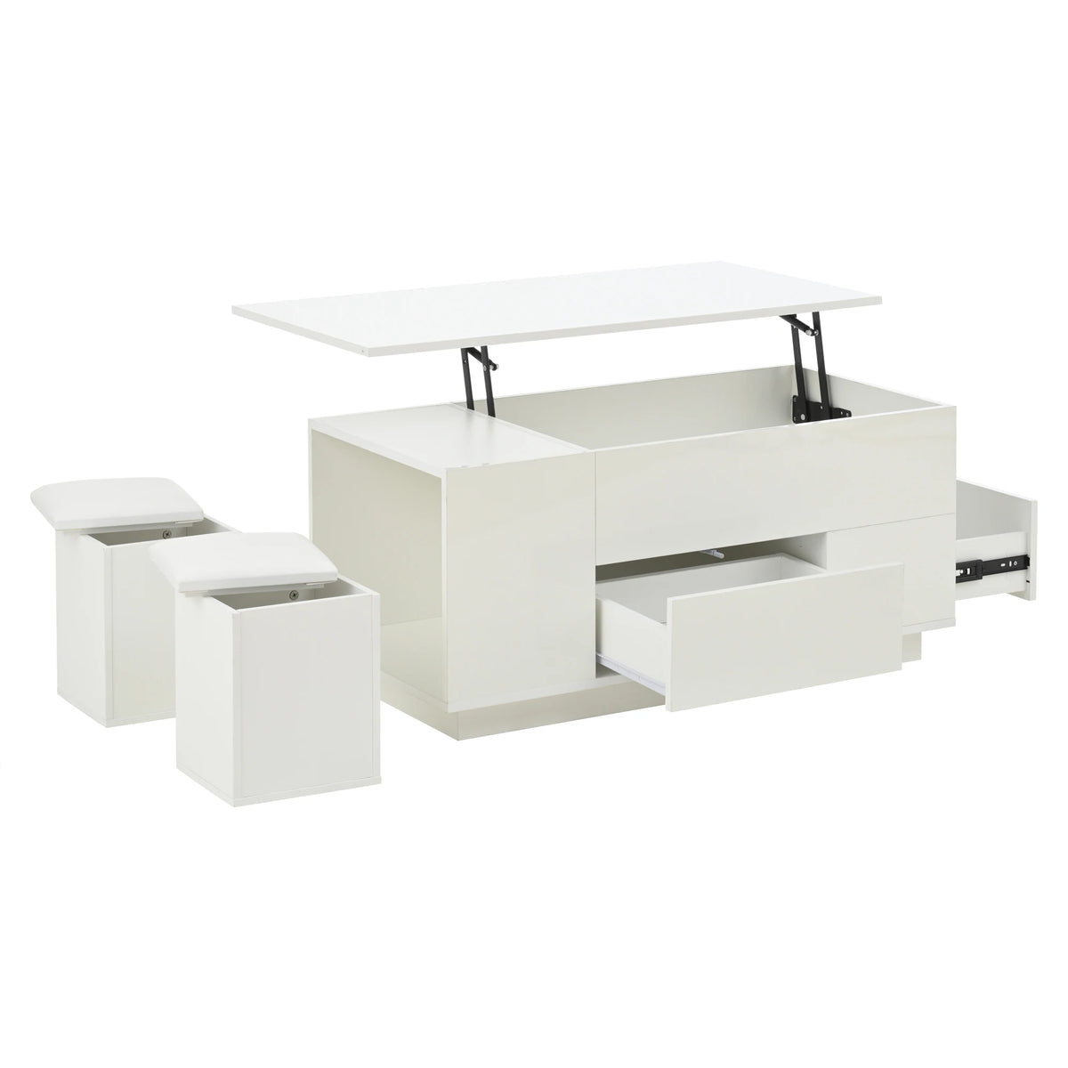 Table Basse Design 4-en-1 – Plateau Élévatoire, LED RGB, 2 Tiroirs & 2 Tabourets | Onyx