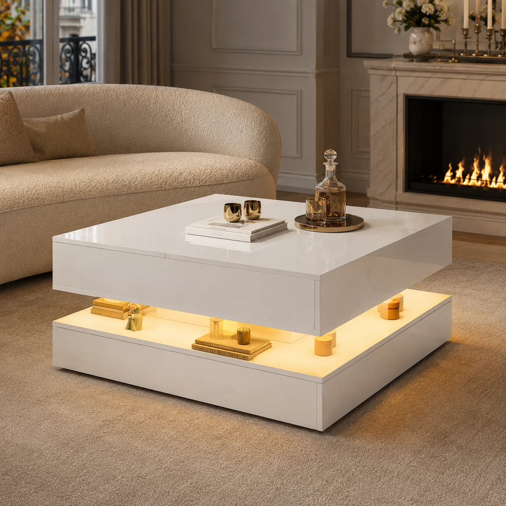 Table Basse Design Carrée LED RGB – Tiroirs Réversibles, Haute Luminosité & Finition UV | Nexus