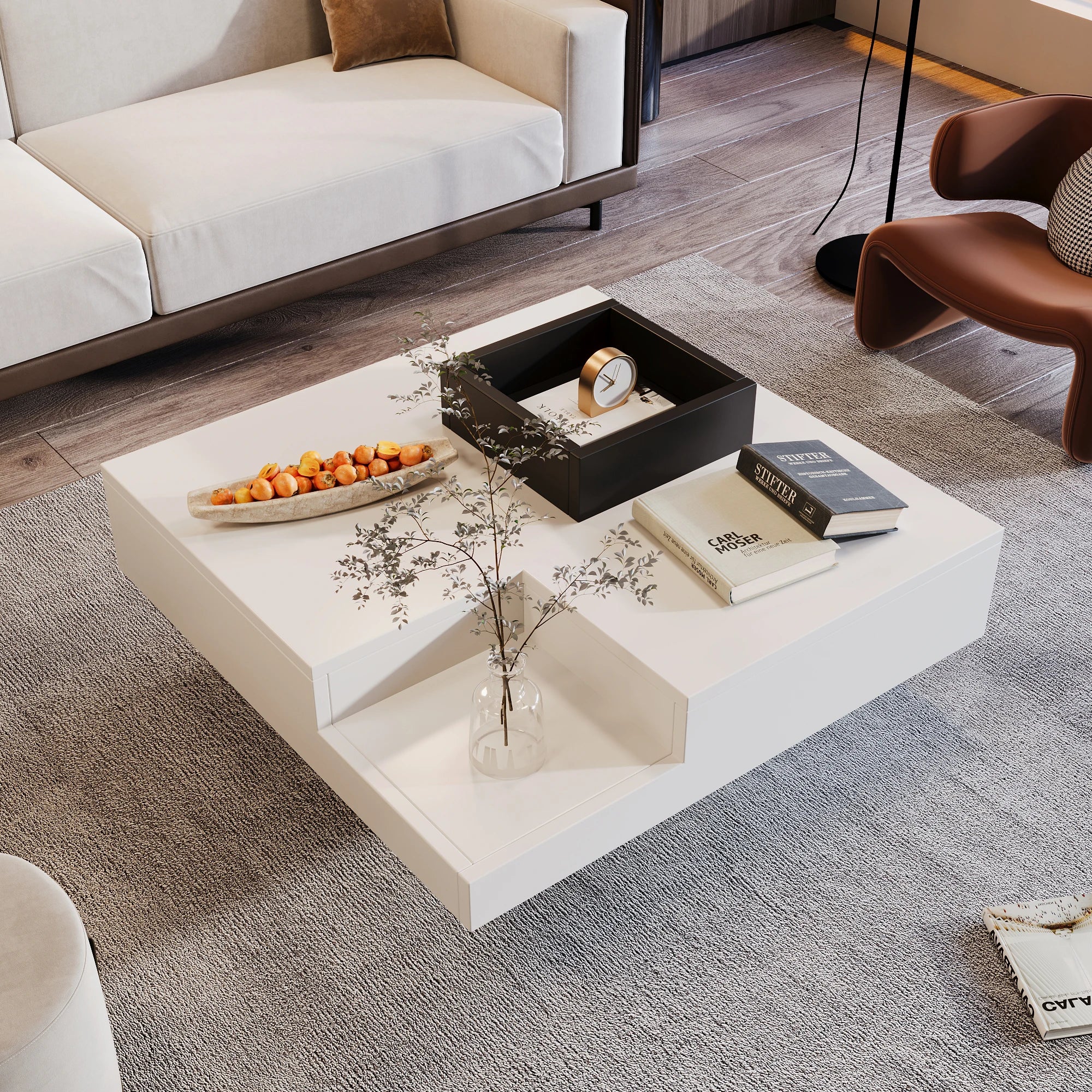 Table Basse Design LED Carrée – Rangement Dissimulé, LED RGB & Finition Haute Brillance | Vogue