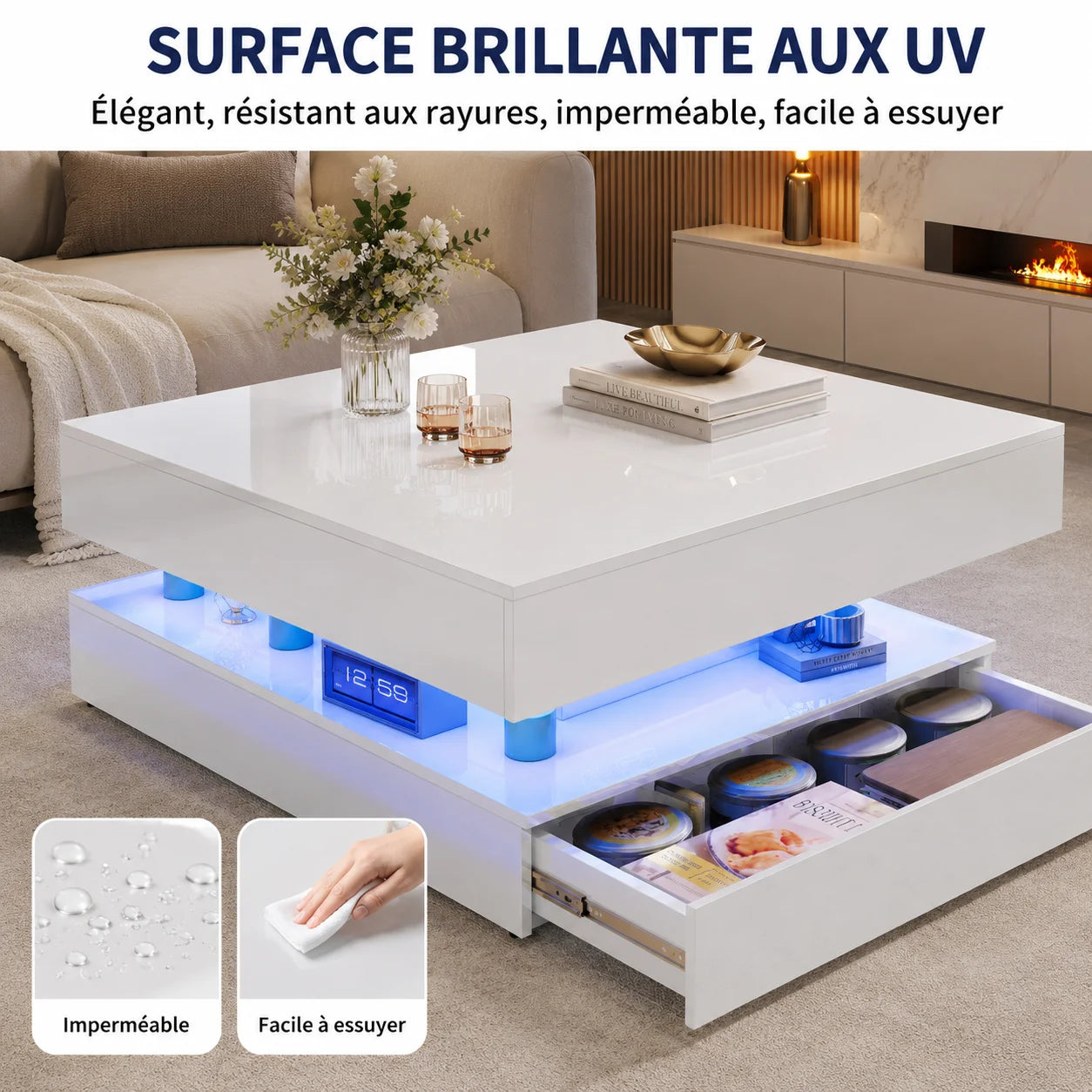 Table Basse Design Carrée LED RGB – Tiroirs Réversibles, Haute Luminosité & Finition UV | Nexus