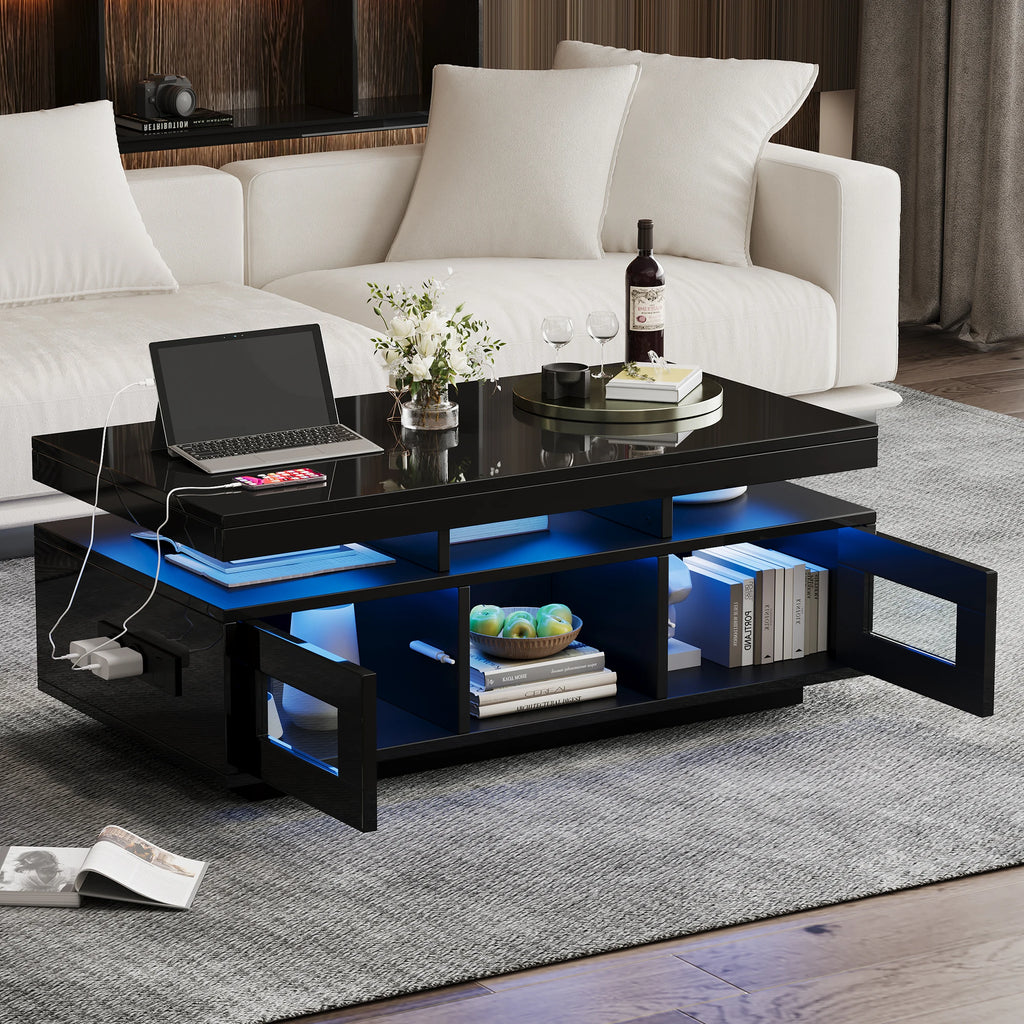 Table Basse Design LED – Prise & USB Intégrés, 5 Espaces de Rangement & Haute Brillance | Aura