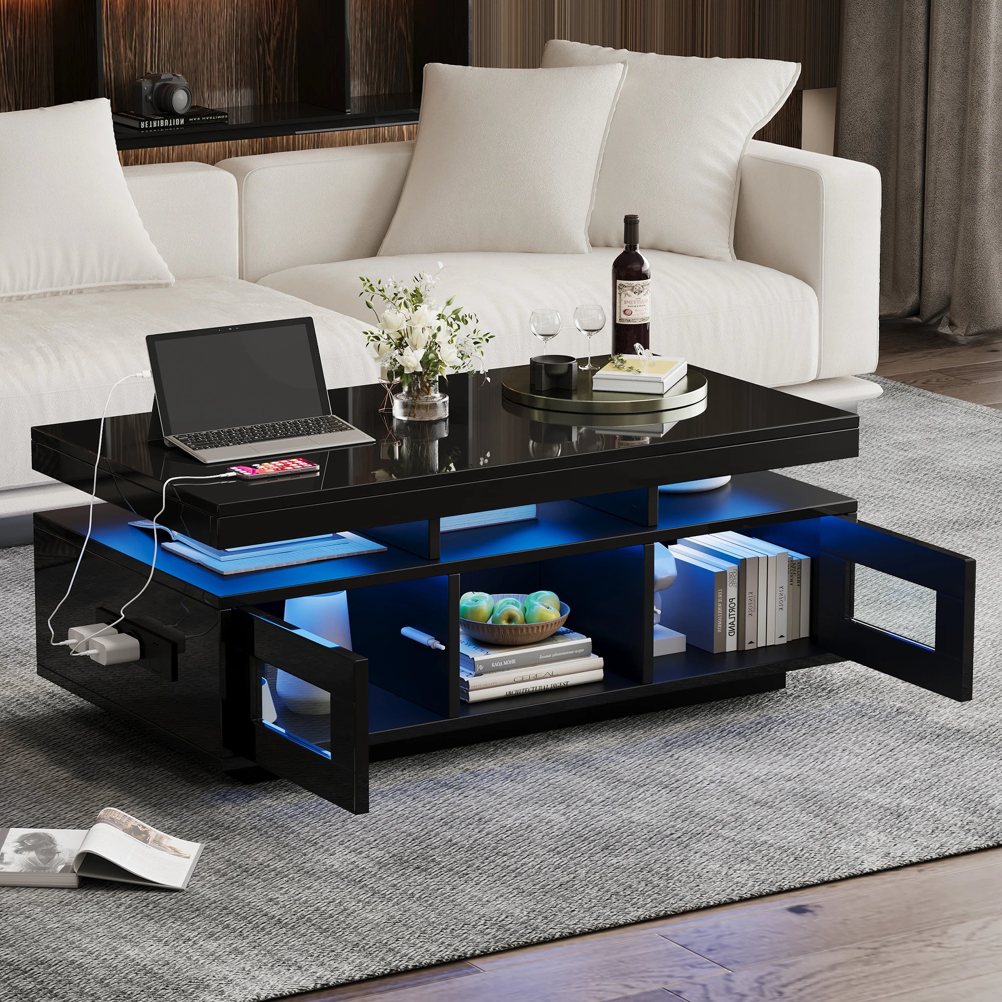 Table Basse Design LED – Prise & USB Intégrés, 5 Espaces de Rangement & Haute Brillance | Aura
