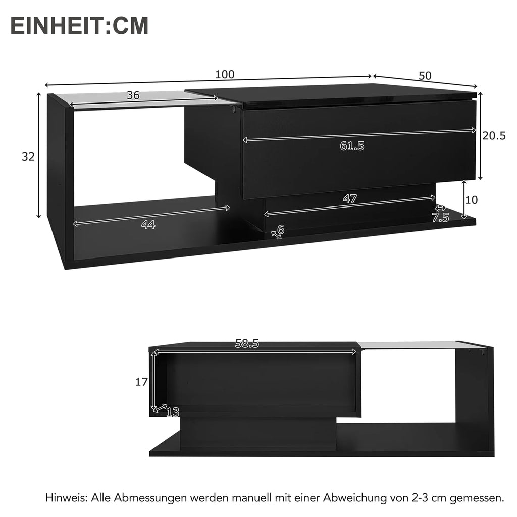 Table Basse Design Noire – Plateau Verre Trempé, LED & Tiroir Discret | Cristal