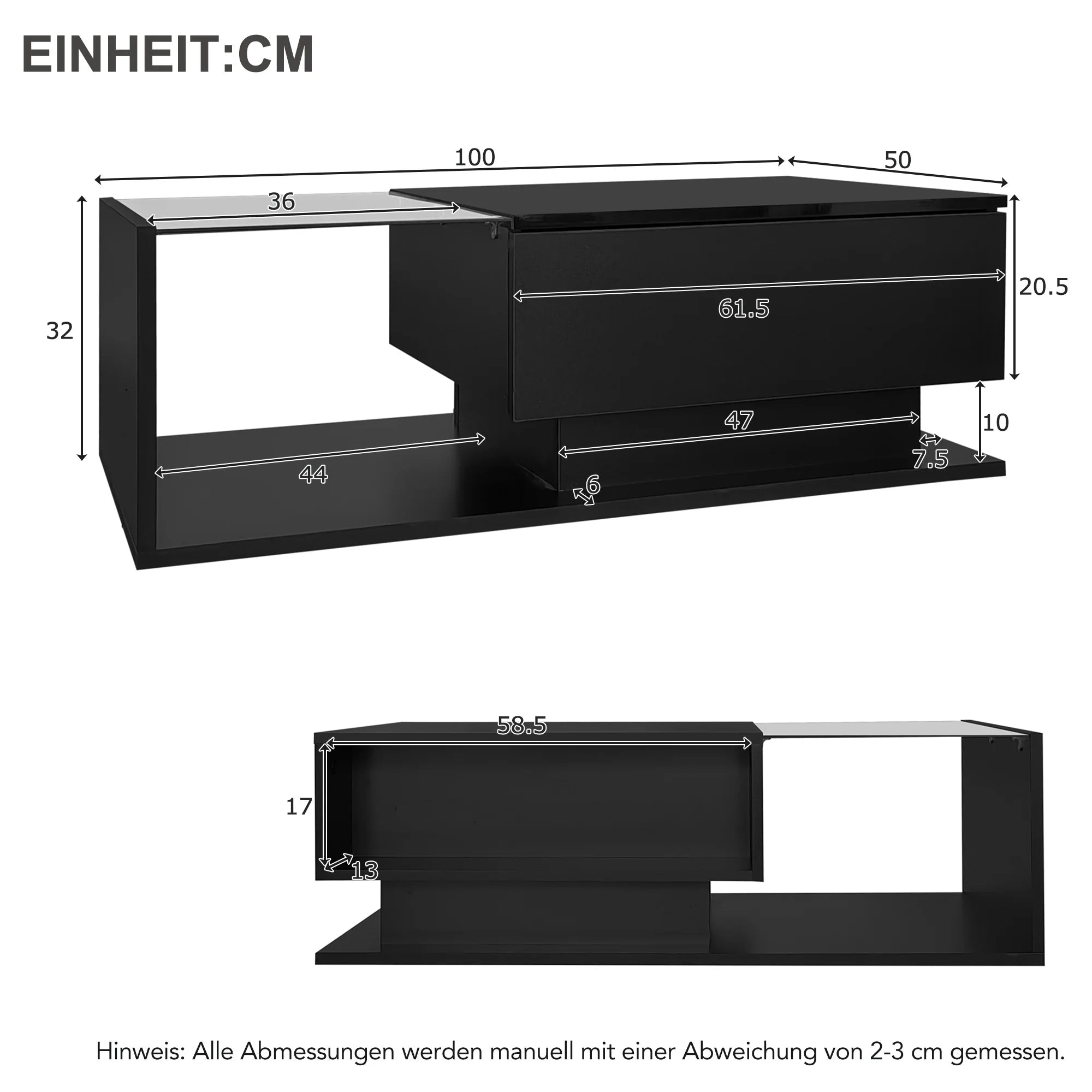 Table Basse Design Noire – Plateau Verre Trempé, LED & Tiroir Discret | Cristal