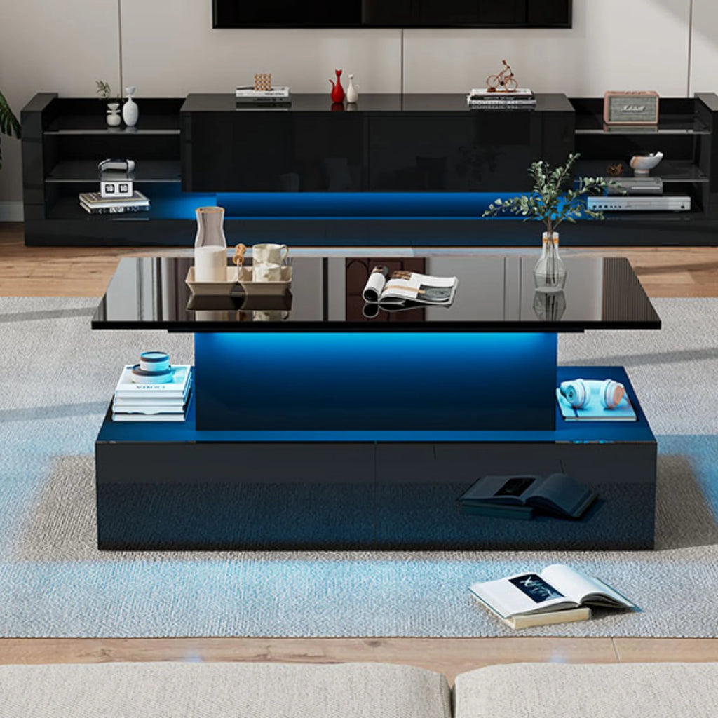 Table Basse Design Noire LED – 4 Tiroirs, Finition Haute Brillance & Éclairage Intégré | Obsidian