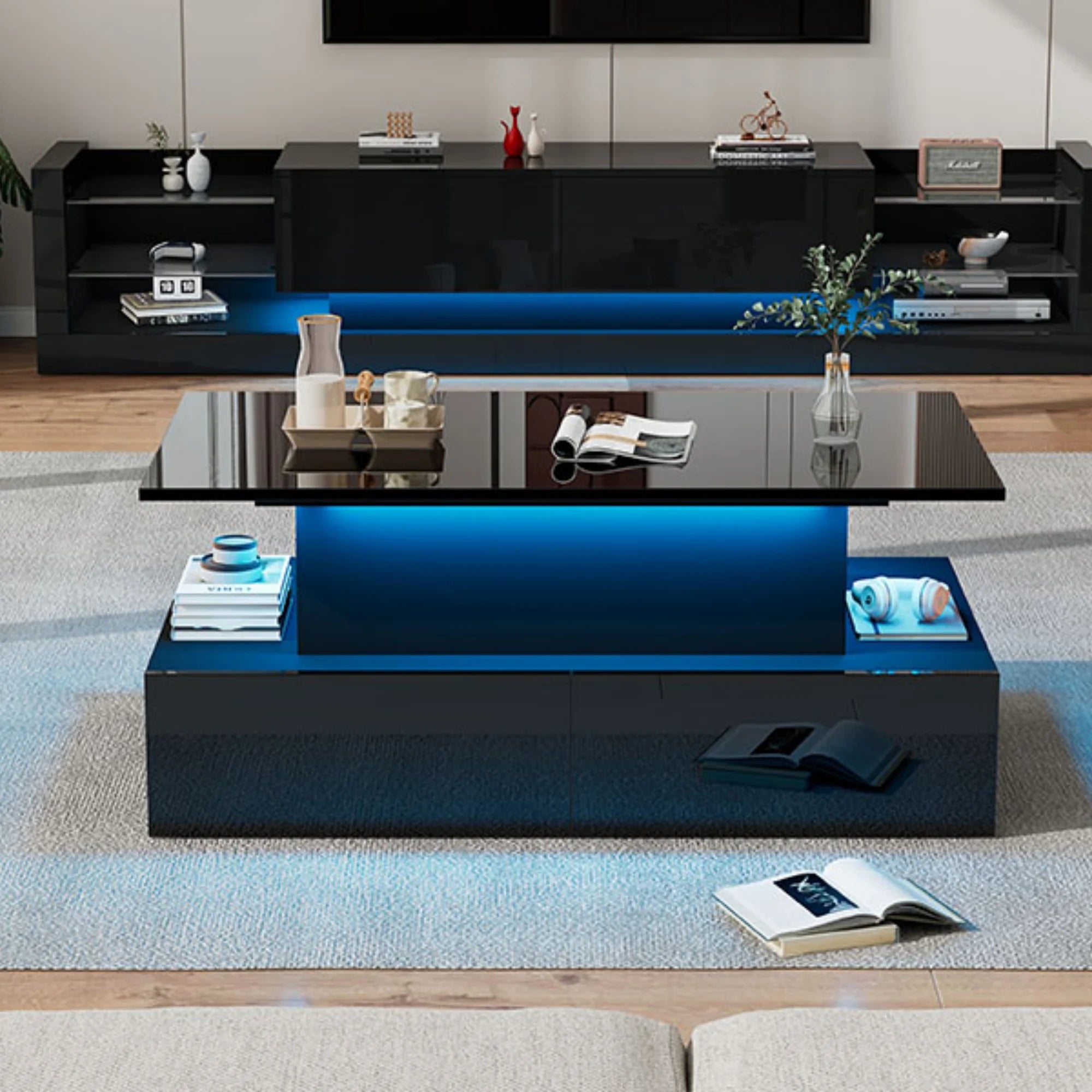 Table Basse Design Noire LED – 4 Tiroirs, Finition Haute Brillance & Éclairage Intégré | Obsidian