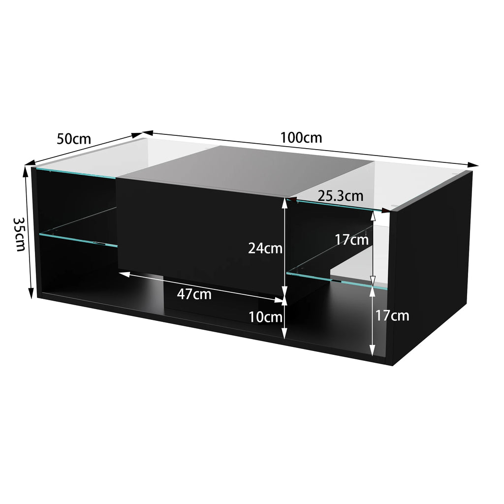 Table Basse Design LED RGB – 4 Étagères Verre, Tiroir Caché & 6000 Couleurs | Spectra