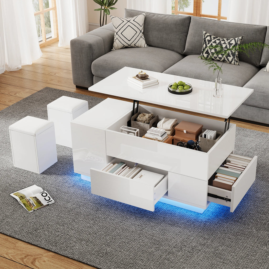 Table Basse Design 4-en-1 – Plateau Élévatoire, LED RGB, 2 Tiroirs & 2 Tabourets | Onyx