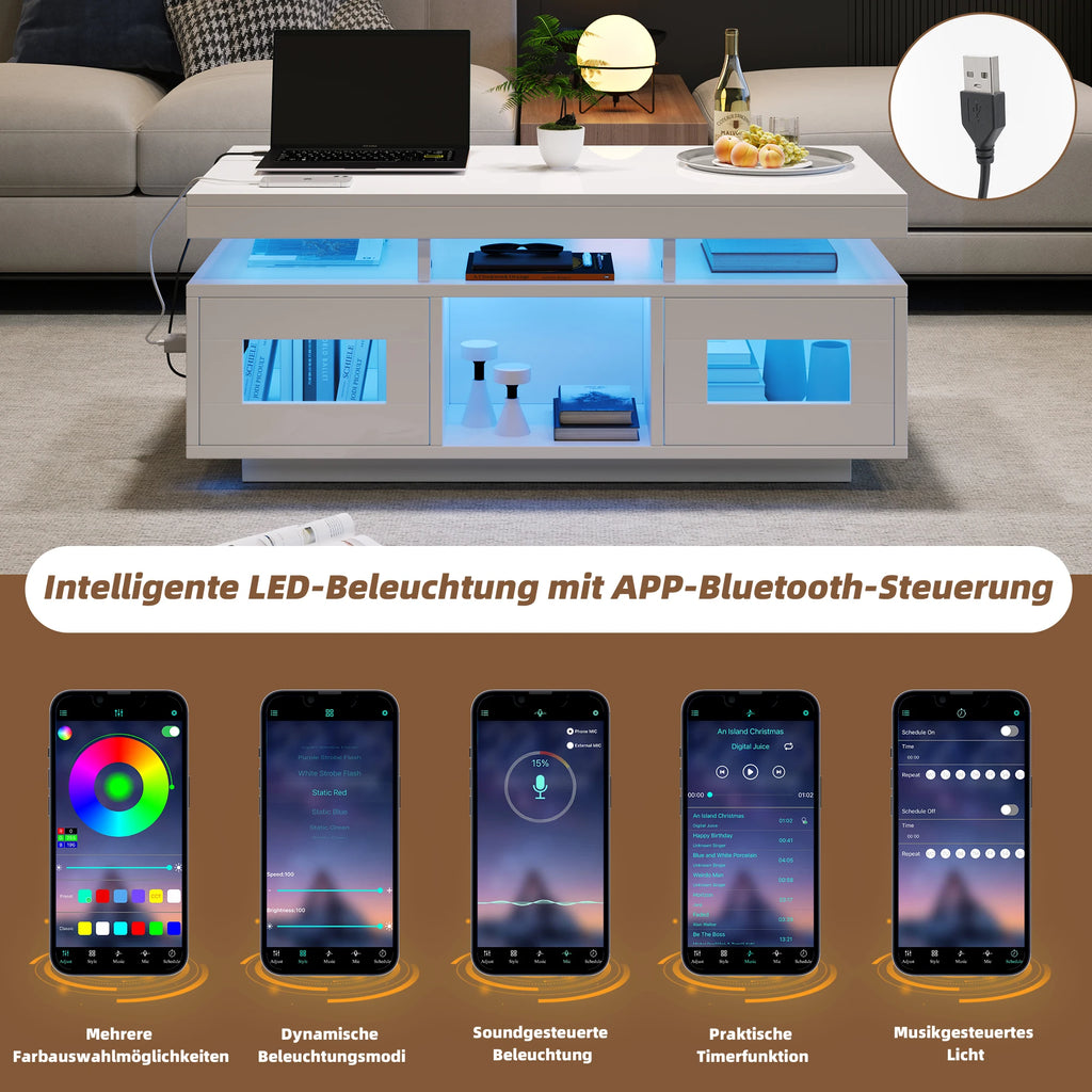 Table Basse Design LED – Prise & USB Intégrés, 5 Espaces de Rangement & Haute Brillance | Aura