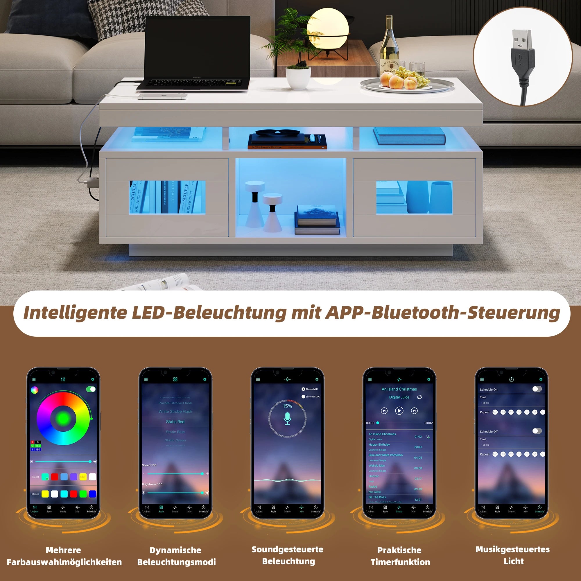 Table Basse Design LED – Prise & USB Intégrés, 5 Espaces de Rangement & Haute Brillance | Aura