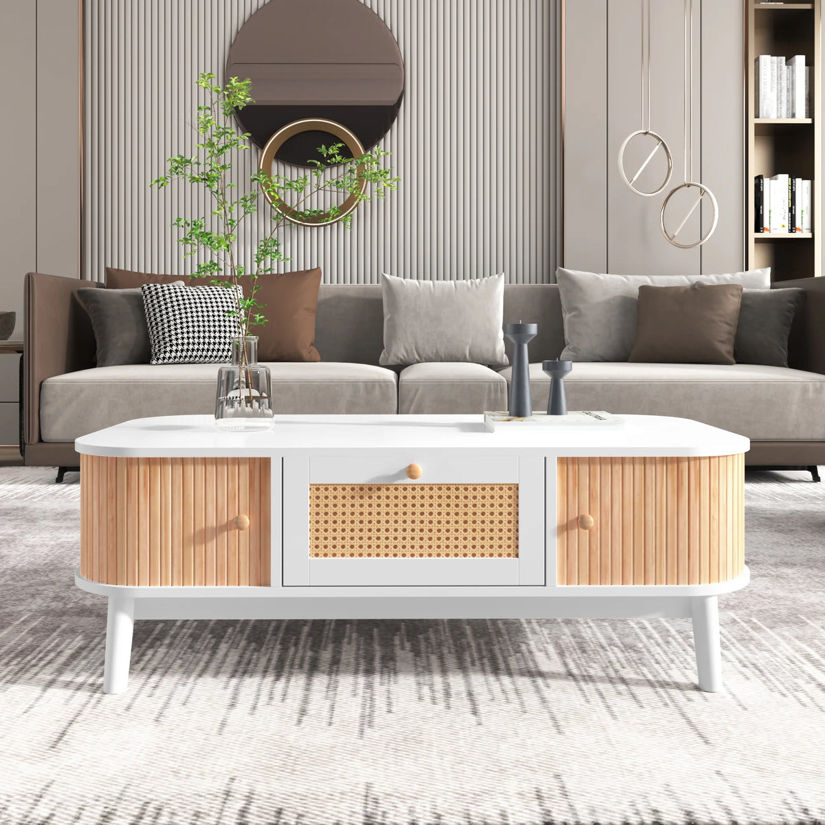 Table Basse Design Rotin – Tiroirs Tressés, Portes Coulissantes & Bois Massif | Rotin