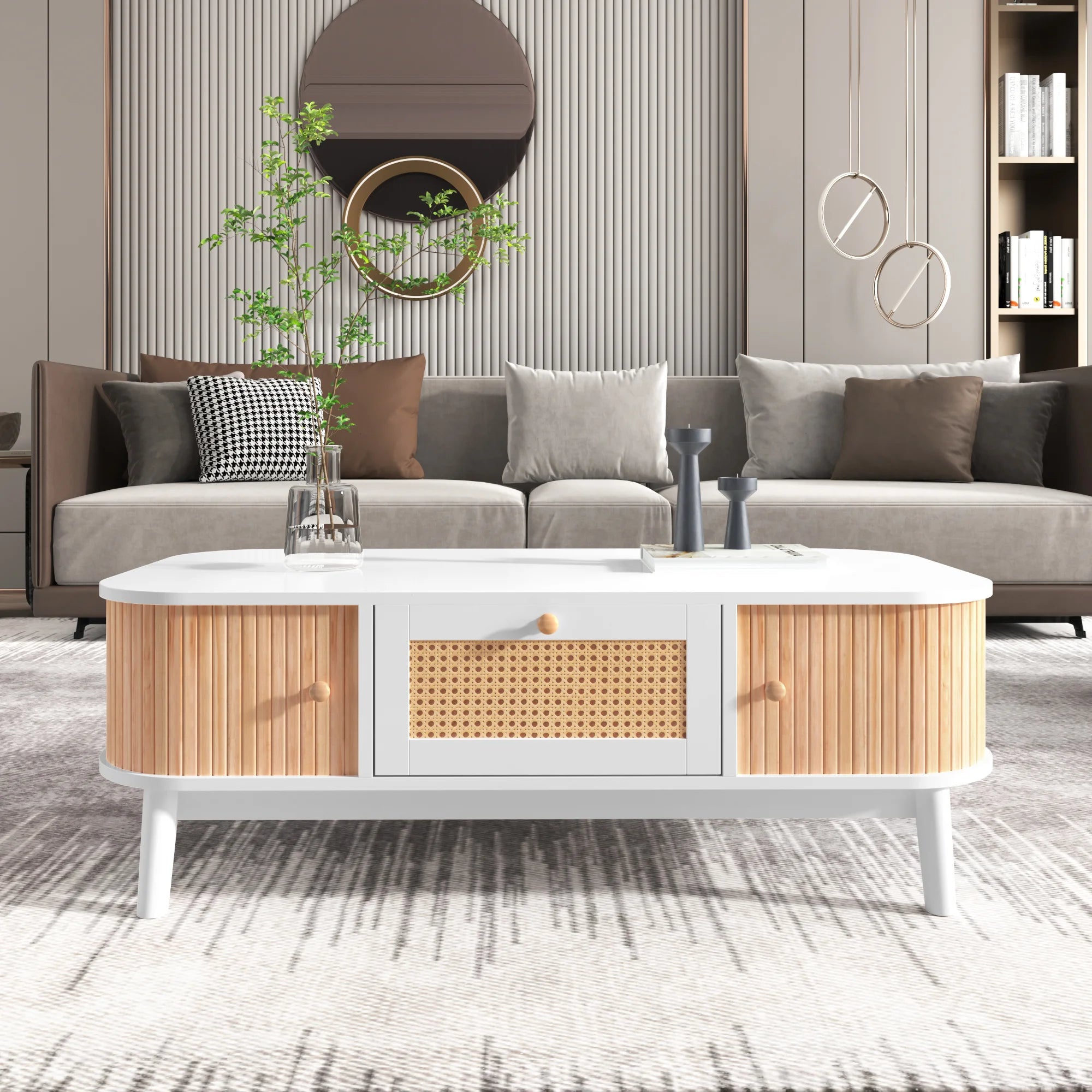 Table Basse Design Rotin – Tiroirs Tressés, Portes Coulissantes & Bois Massif | Rotin
