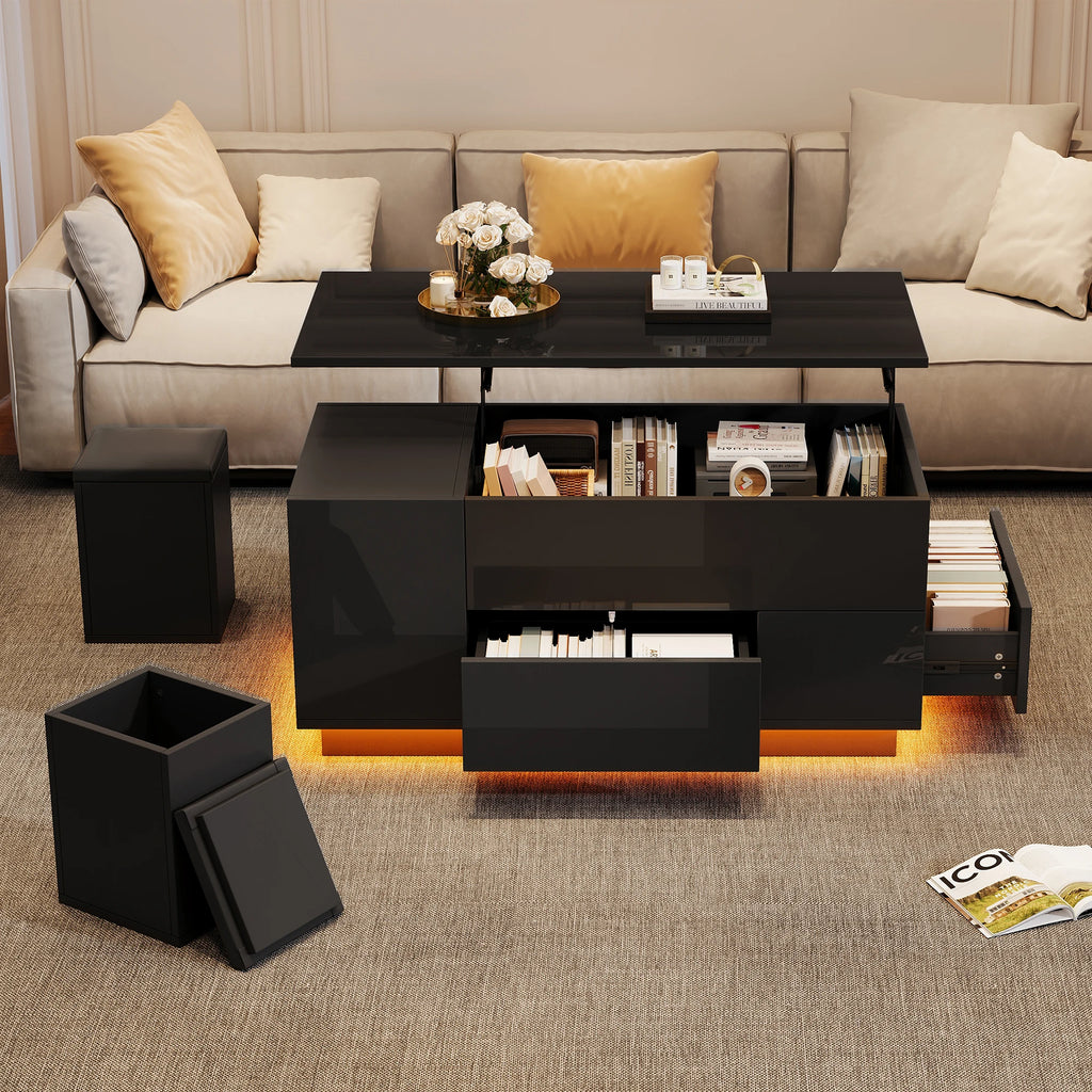 Table Basse Design 4-en-1 – Plateau Élévatoire, LED RGB, 2 Tiroirs & 2 Tabourets | Onyx