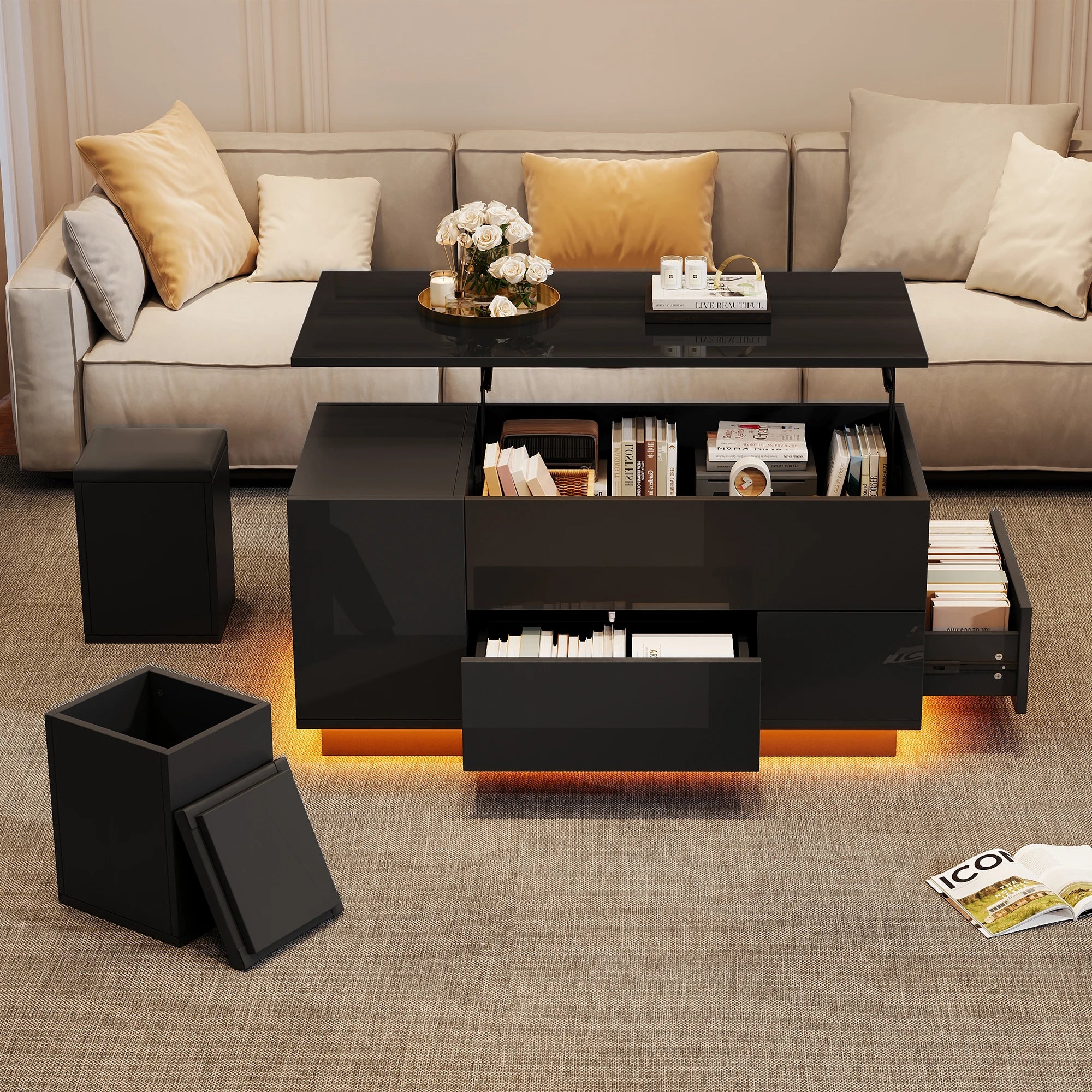 Table Basse Design 4-en-1 – Plateau Élévatoire, LED RGB, 2 Tiroirs & 2 Tabourets | Onyx