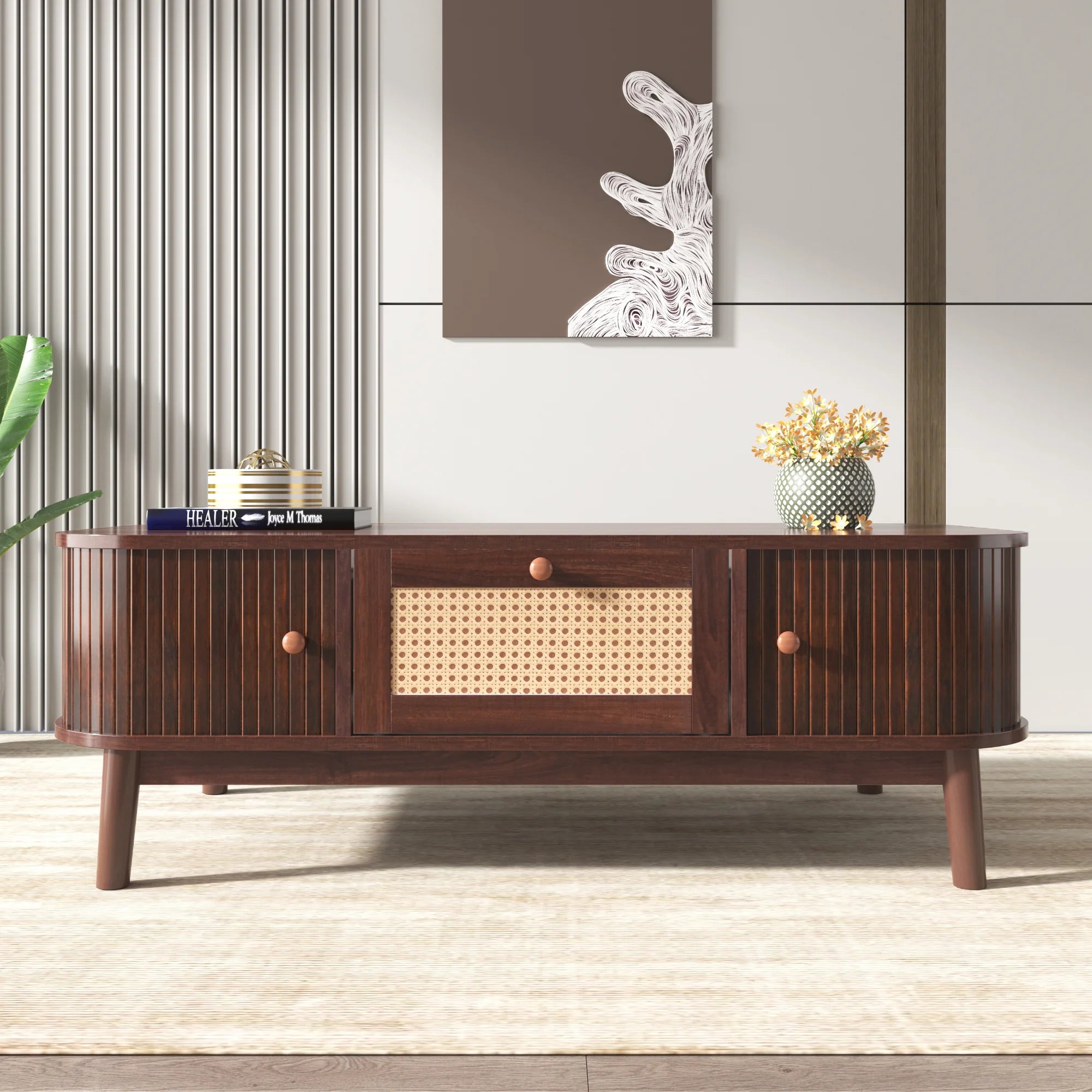 Table Basse Design Rotin – Tiroirs Tressés, Portes Coulissantes & Bois Massif | Rotin